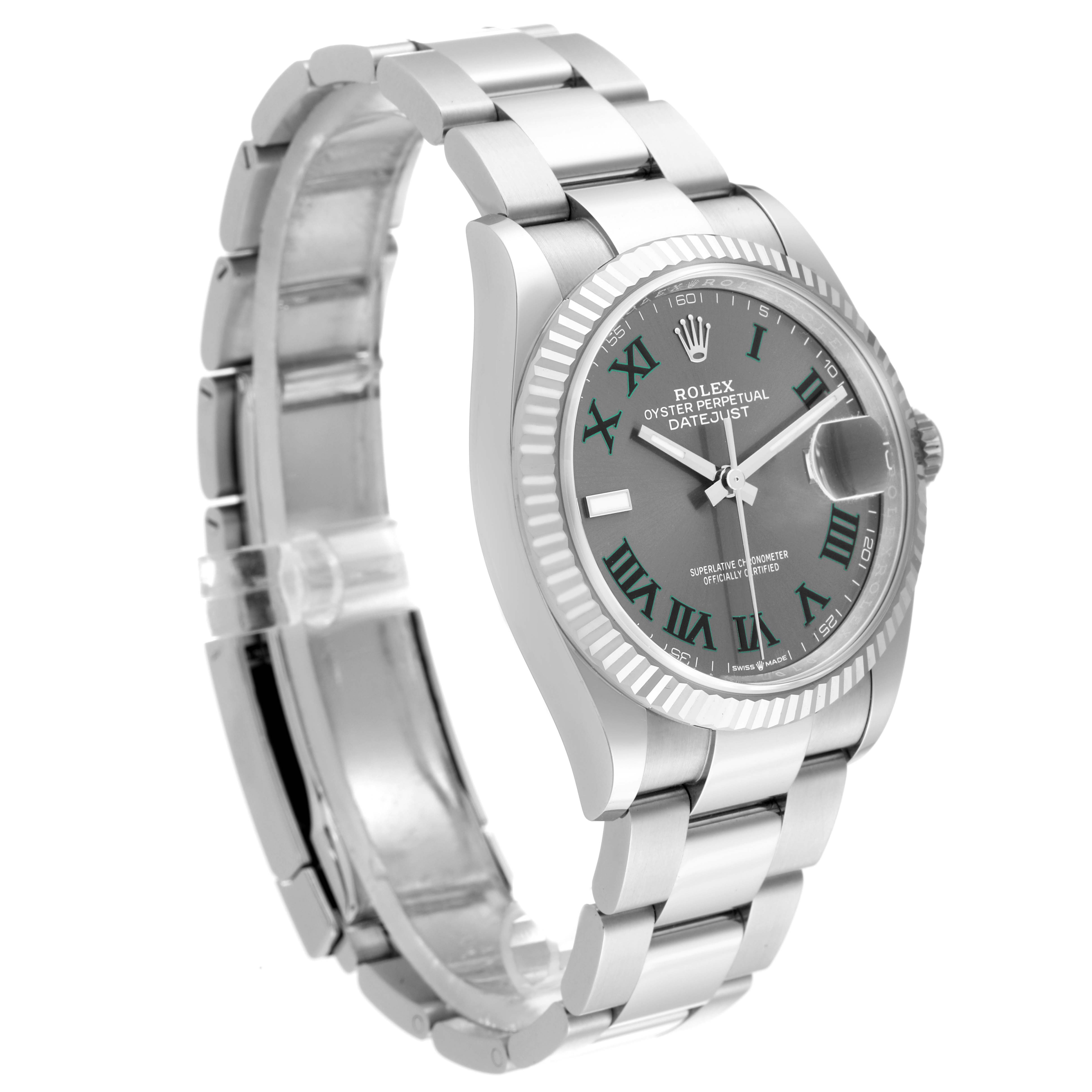 The Rolex Datejust 126234 Men's Stainless Steel Grey Dial 126234 Men's Stainless Steel Grey Dial watch is shown at an angle displaying its bracelet, case, bezel, and dial with Roman numerals.