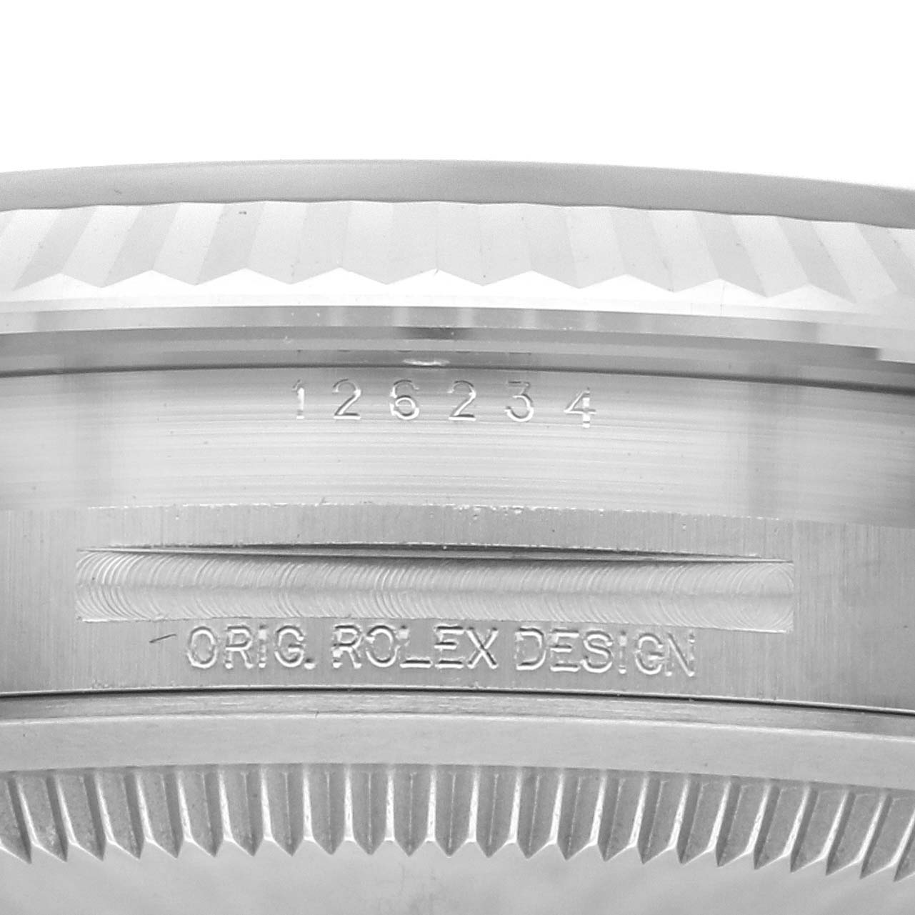 The image shows a close-up of the Rolex Datejust 126234 Men's Stainless Steel Grey Dial 126234 Men's Stainless Steel Grey Dial bezel and case with engraved model number 126234 and text "ORIG. ROLEX DESIGN."