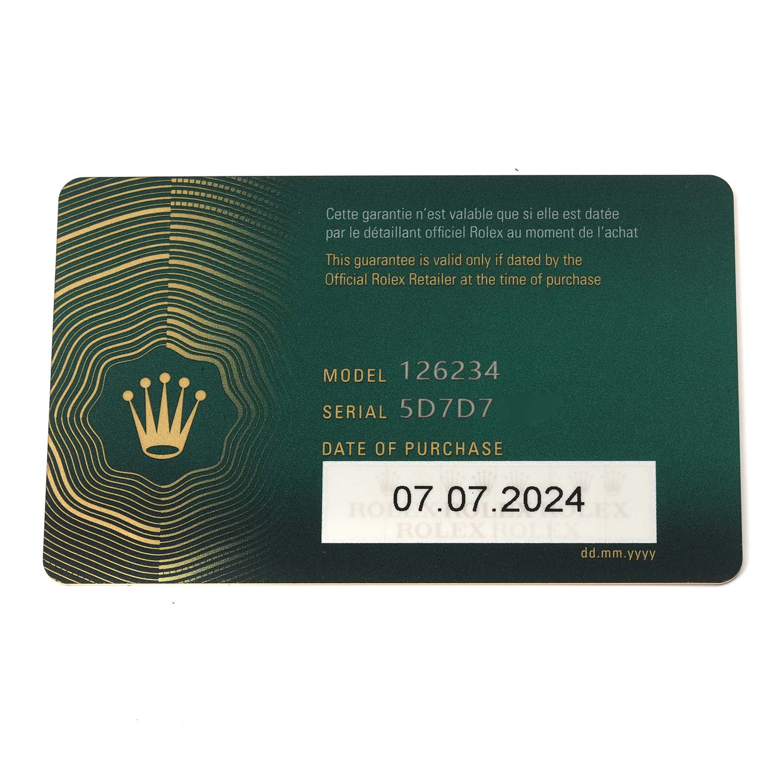 The image shows a Rolex Datejust 126234 Men's Stainless Steel Grey Dial 126234 Men's Stainless Steel Grey Dial model warranty card displaying the model number, serial number, and date of purchase.