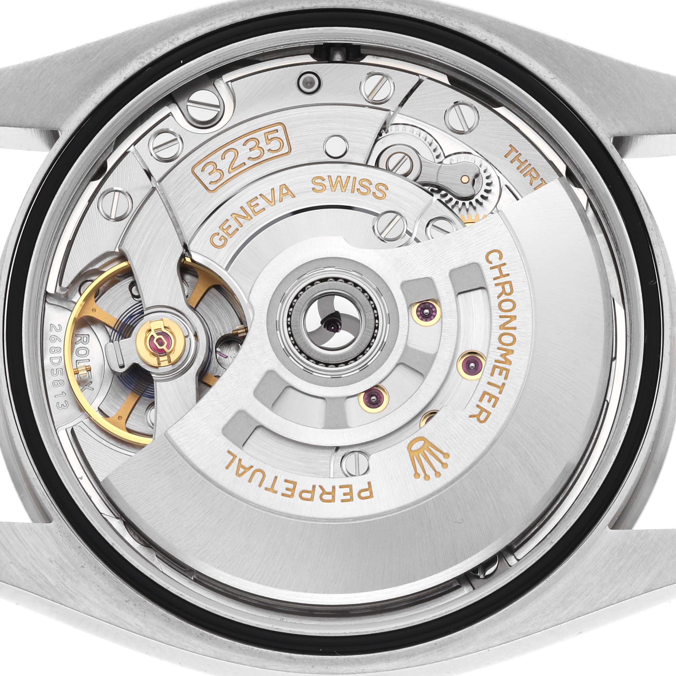 This is a close-up view of the movement and internal mechanism of a Rolex Datejust 126234 Men's Stainless Steel Grey Dial 126234 Men's Stainless Steel Grey Dial watch, showing the caliber 3235.