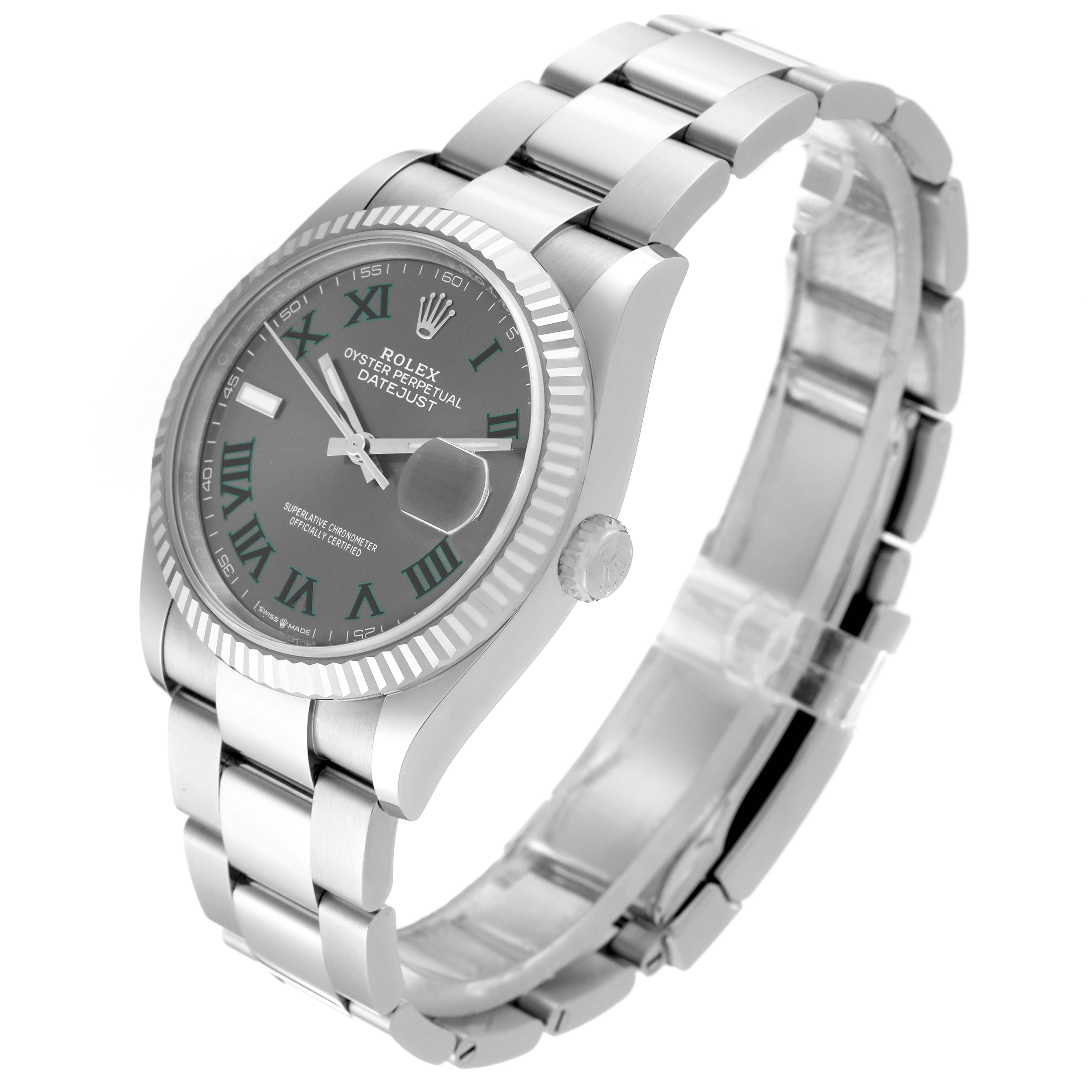 The image shows a side angle of the Rolex Datejust 126234 Men's Stainless Steel Grey Dial 126234 Men's Stainless Steel Grey Dial watch, displaying the dial, bezel, and bracelet.