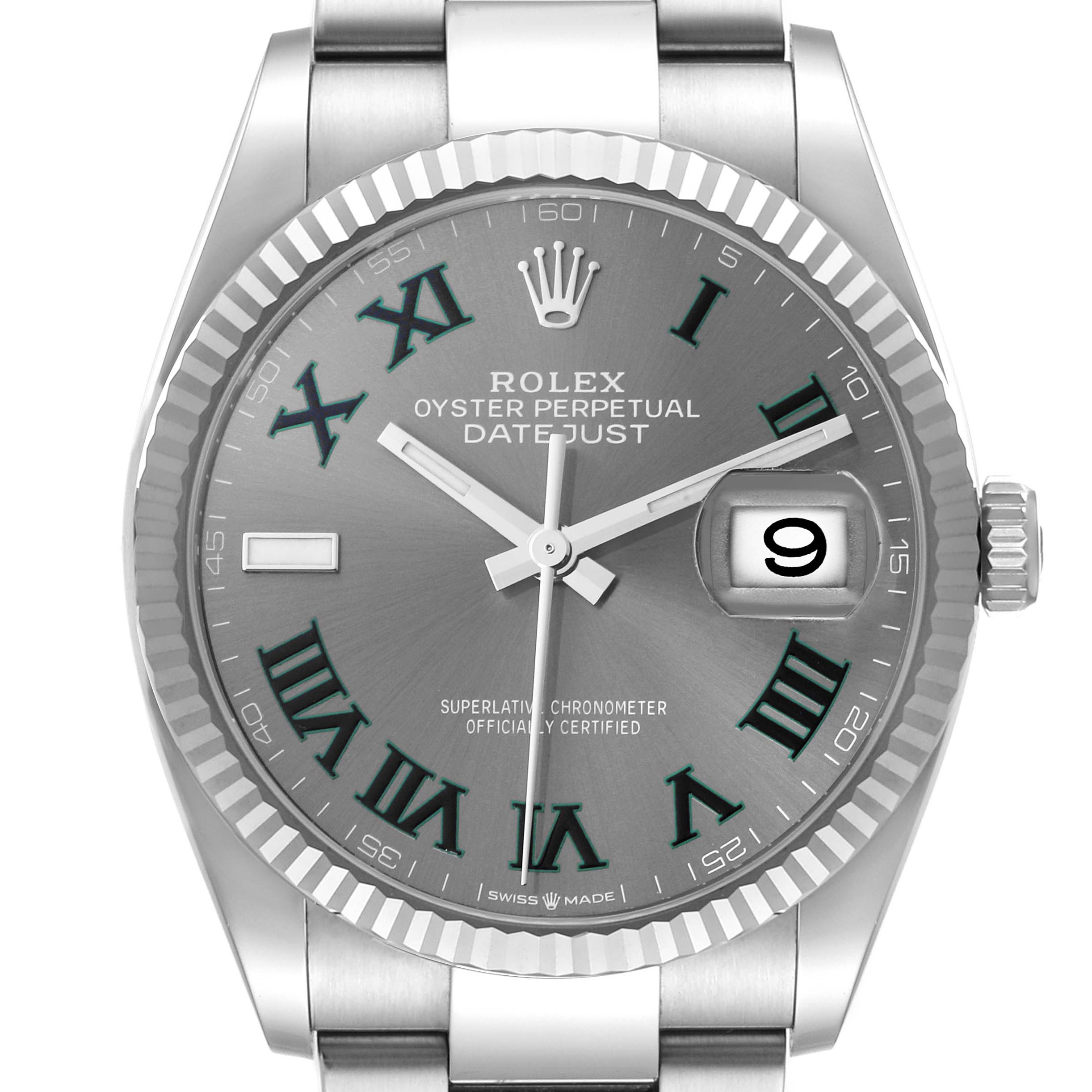 This is a Rolex Datejust 126234 Men's Stainless Steel Grey Dial 126234 Men's Stainless Steel Grey Dial watch shown from a front angle, featuring the dial, numerals, bezel, crown, and date display.
