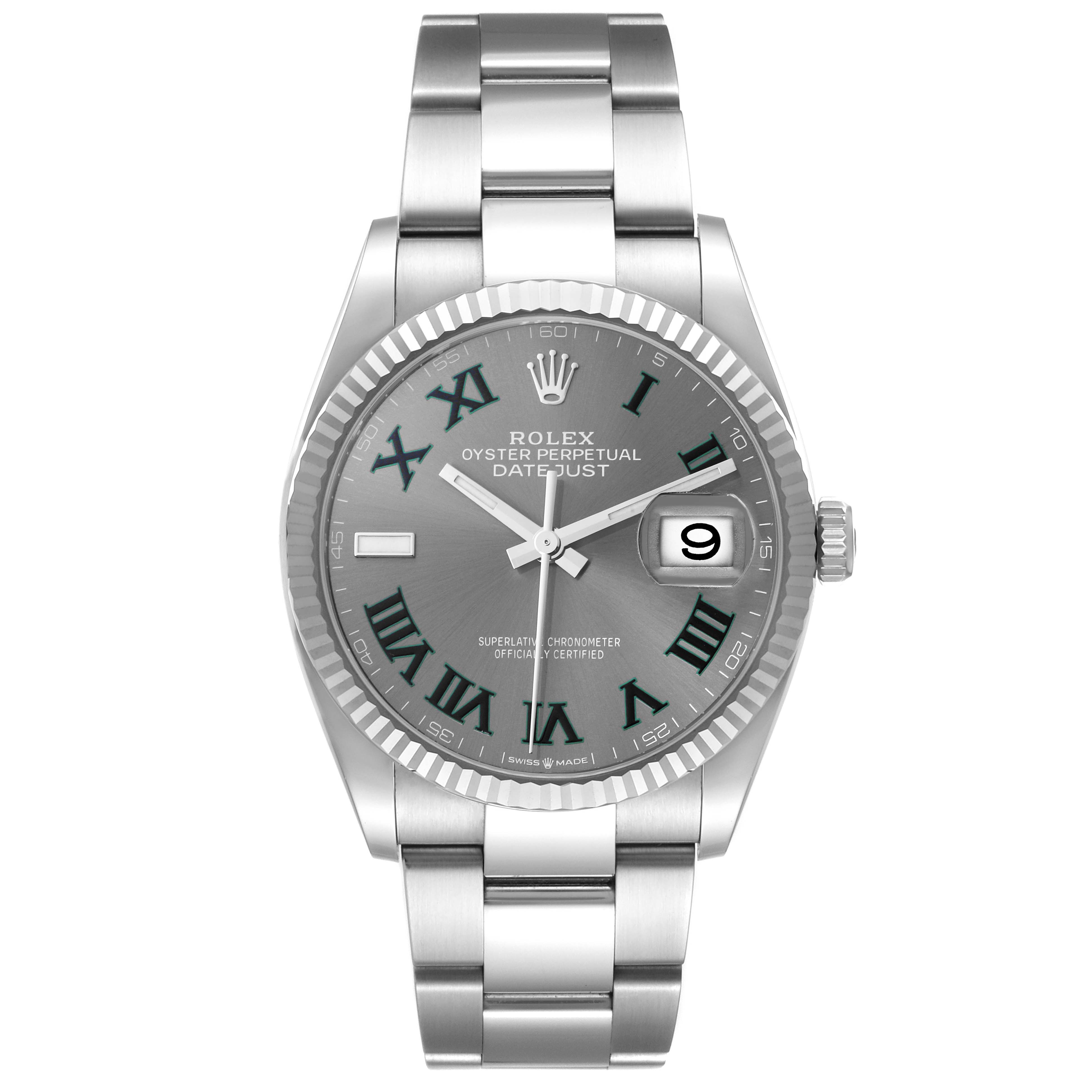 The image shows a Rolex Datejust 126234 Men's Stainless Steel Grey Dial 126234 Men's Stainless Steel Grey Dial watch from a straight-on angle, highlighting its grey dial, fluted bezel, date display, and stainless steel bracelet.
