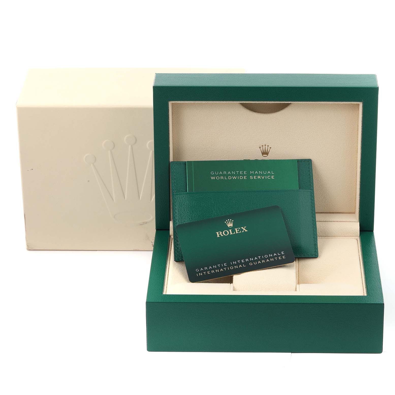 The image shows the packaging, guarantee manual, and international warranty card for the Rolex Datejust 126234 Men's Stainless Steel Grey Dial 126234 Men's Stainless Steel Grey Dial watch.