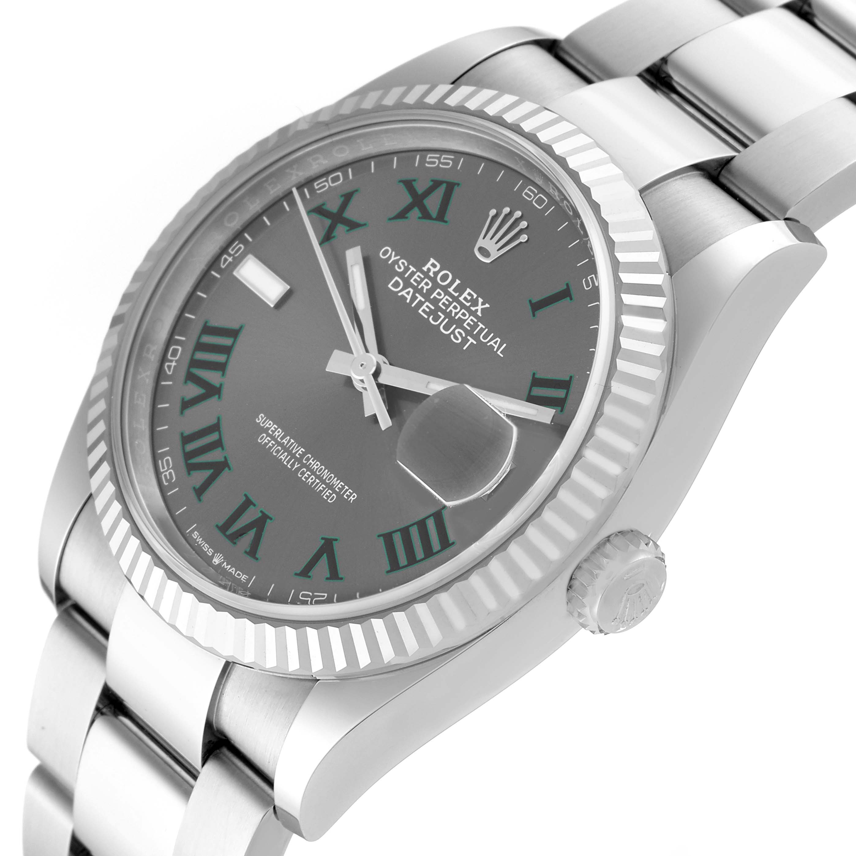 The image shows the Rolex Datejust 126234 Men's Stainless Steel Grey Dial 126234 Men's Stainless Steel Grey Dial watch at a slight angle, highlighting its dial, fluted bezel, and bracelet.