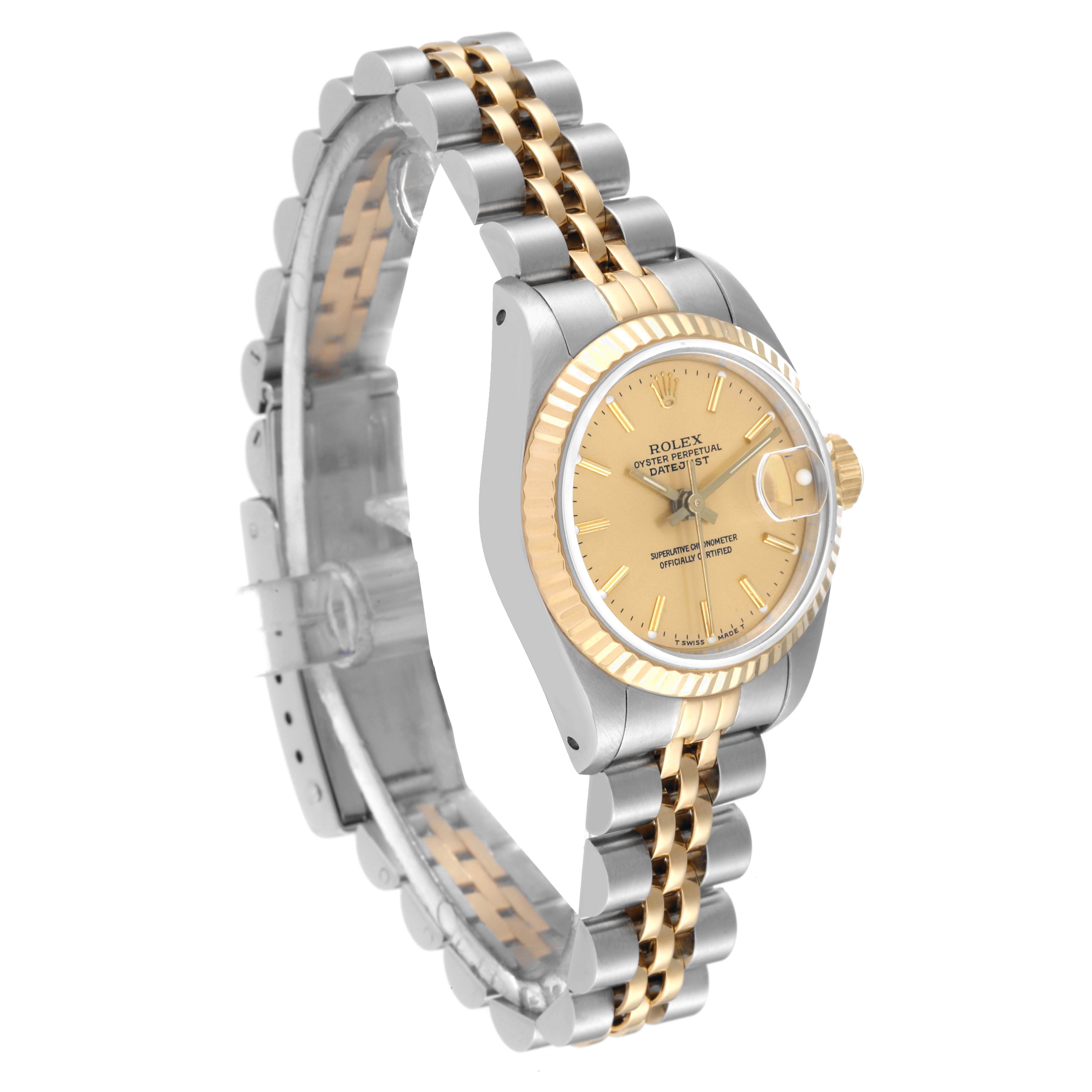 The Rolex Datejust 69173 Women's Steel and Gold (two tone) Champagne Dial 69173 Women's Steel and Gold (two tone) Champagne Dial watch is shown from an oblique angle, displaying its two-tone bracelet, bezel, and face details.