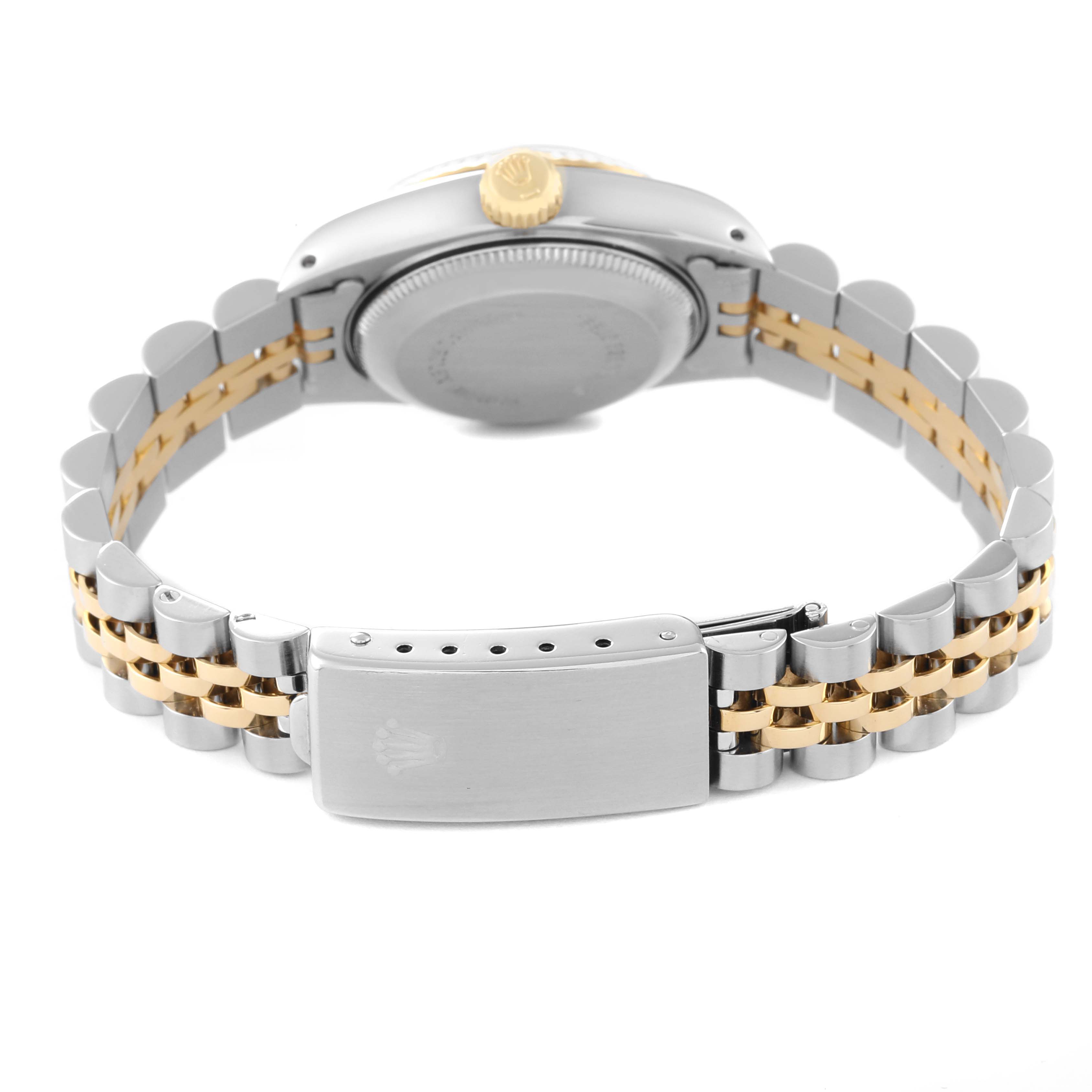 This image shows the backside of a Rolex Datejust 69173 Women's Steel and Gold (two tone) Champagne Dial 69173 Women's Steel and Gold (two tone) Champagne Dial watch, focusing on the case back, crown, and two-tone Jubilee bracelet with clasp.