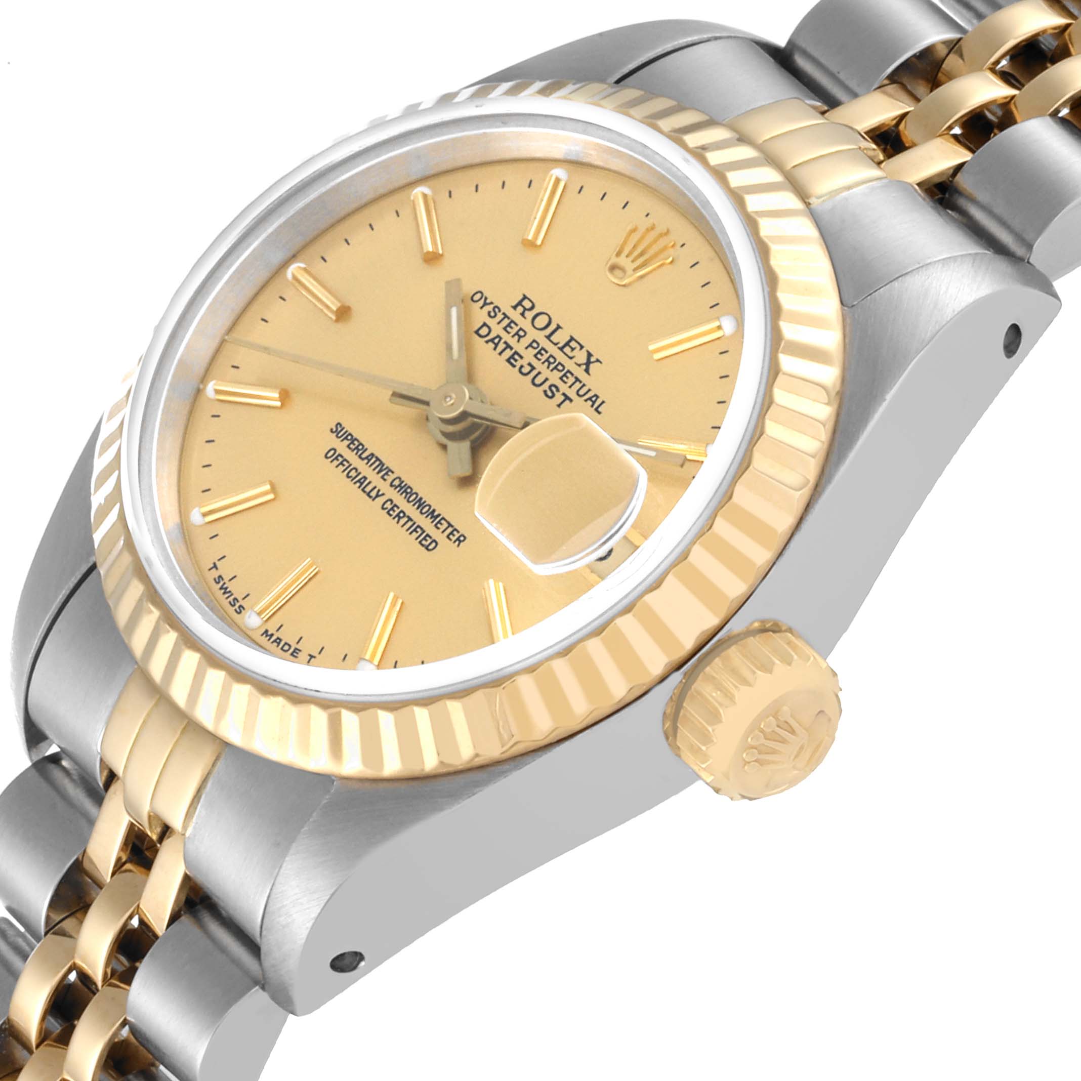 The image shows a side angle of the Rolex Datejust 69173 Women's Steel and Gold (two tone) Champagne Dial 69173 Women's Steel and Gold (two tone) Champagne Dial watch, highlighting the crown, bezel, dial, and portion of the bracelet.