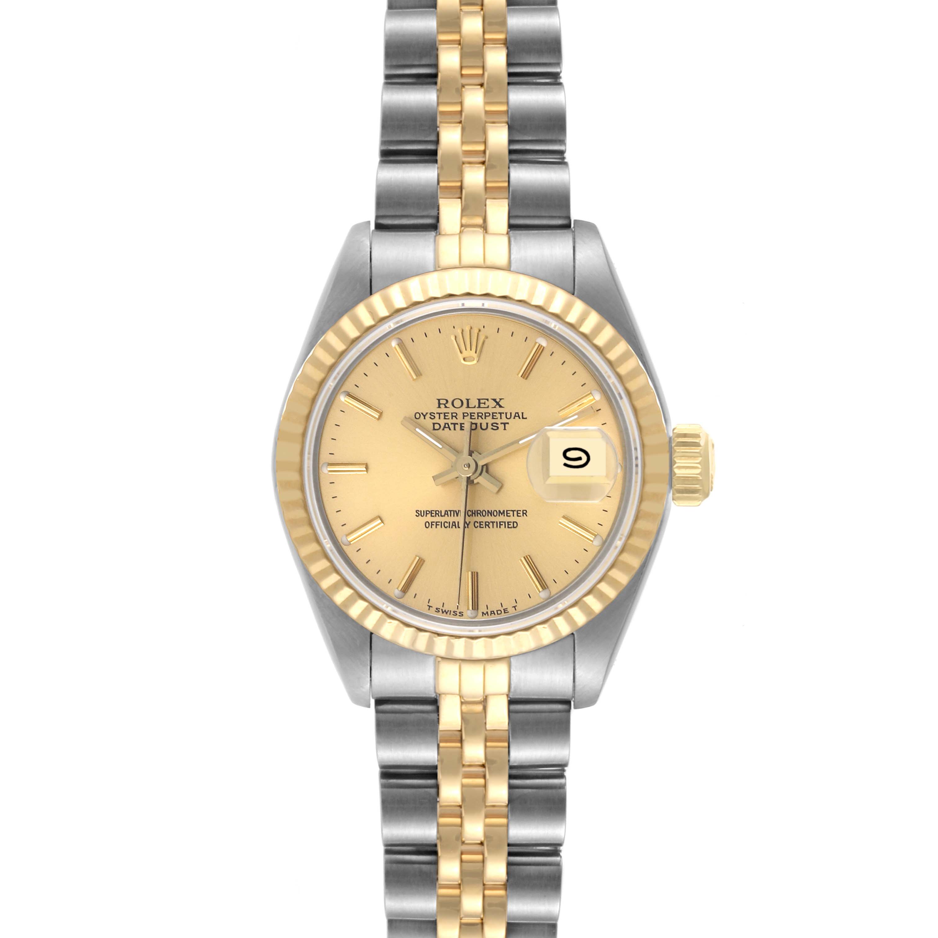 The image shows a front view of a Rolex Datejust 69173 Women's Steel and Gold (two tone) Champagne Dial 69173 Women's Steel and Gold (two tone) Champagne Dial watch, showcasing its two-tone bracelet, bezel, and dial with a date display at 3 o'clock.