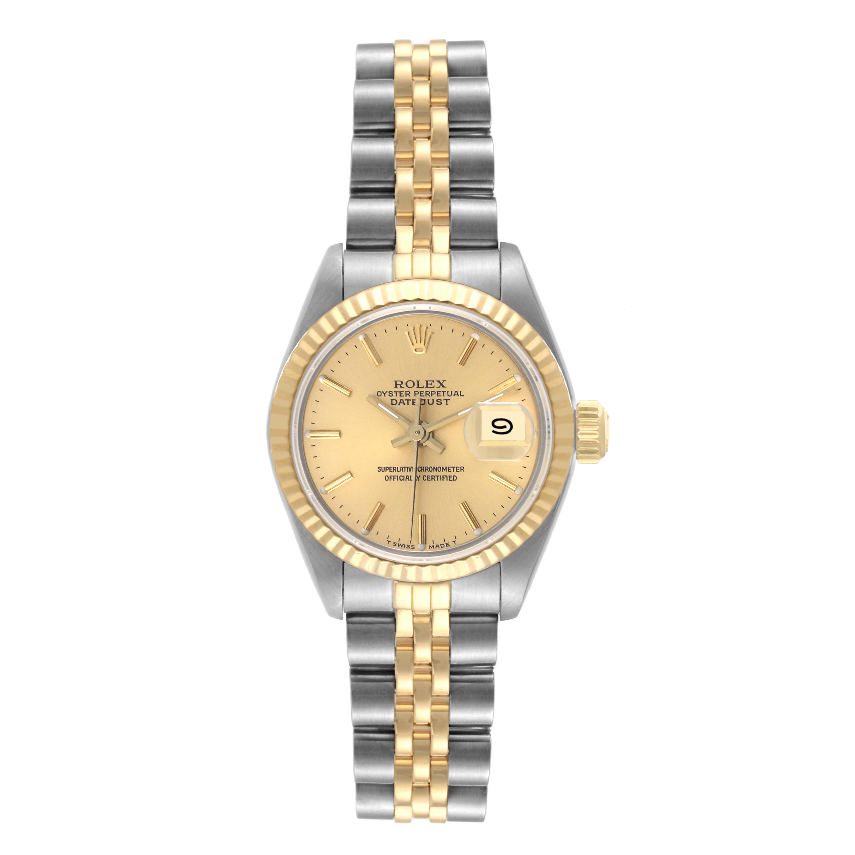 The Rolex Datejust 69173 Women's Steel and Gold (two tone) Champagne Dial 69173 Women's Steel and Gold (two tone) Champagne Dial watch is shown from a front angle, highlighting its face, bezel, and two-tone bracelet.