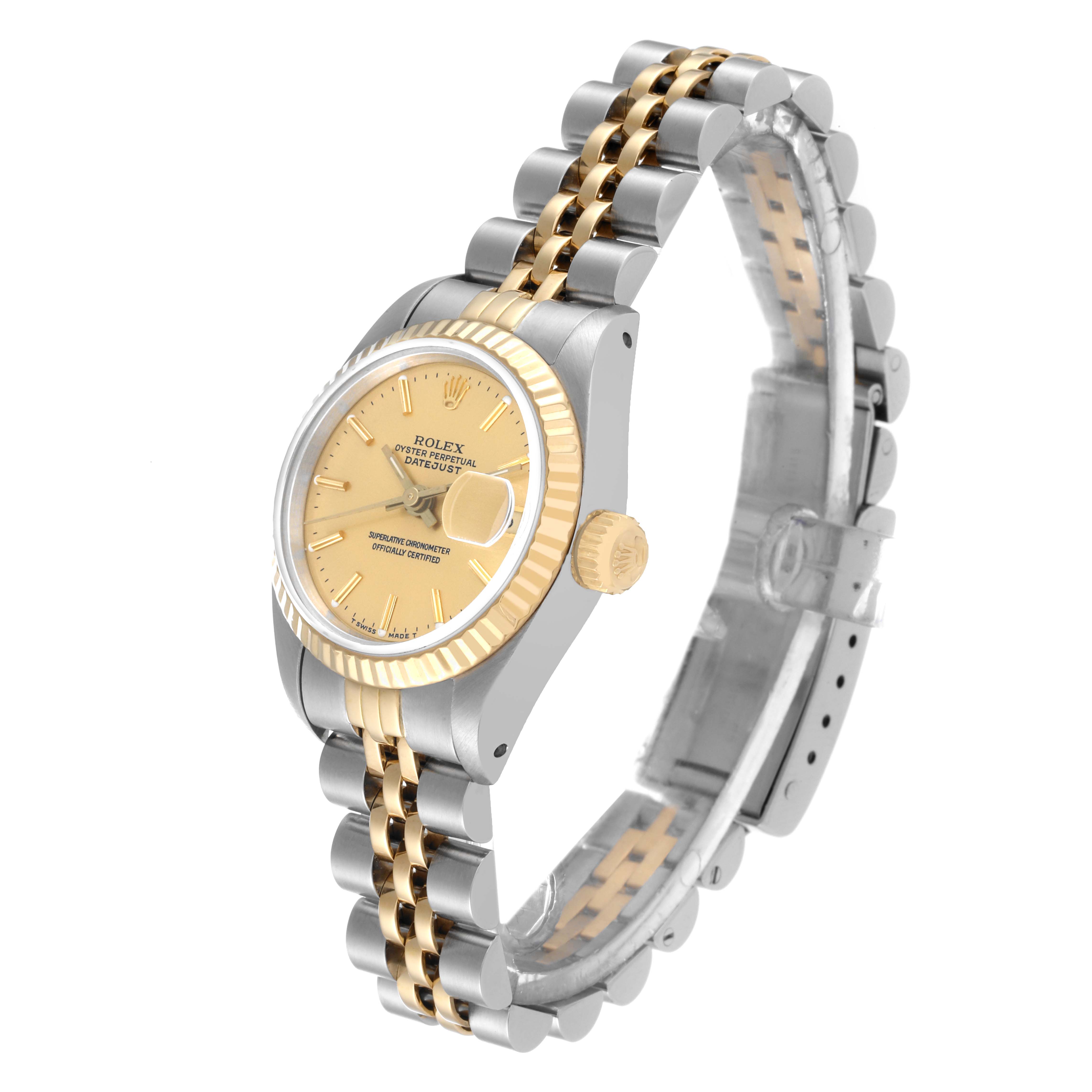 The Rolex Datejust 69173 Women's Steel and Gold (two tone) Champagne Dial 69173 Women's Steel and Gold (two tone) Champagne Dial watch is displayed at a slight angle, showcasing its dial, fluted bezel, and Jubilee bracelet.
