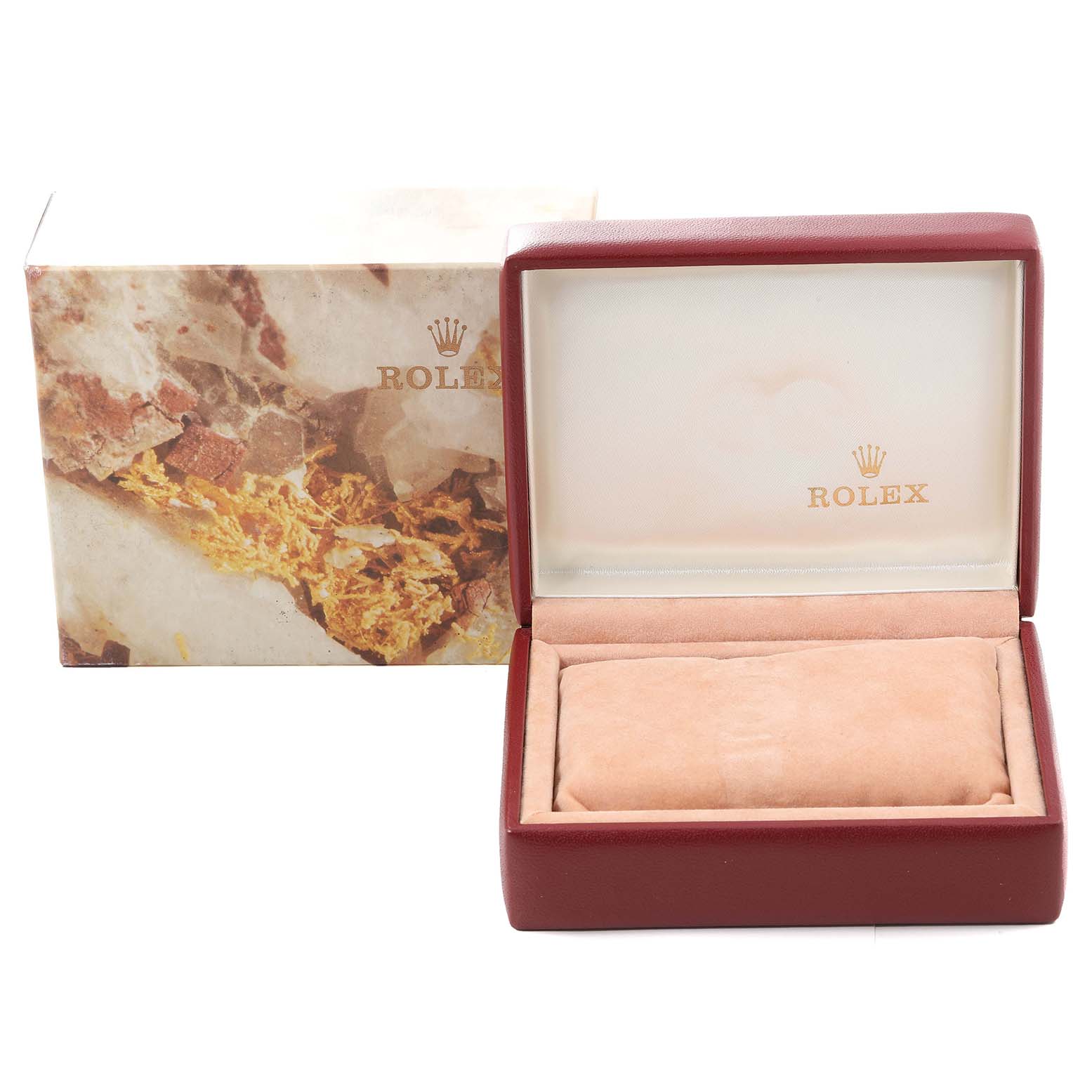 This image shows a Rolex Datejust 69173 Women's Steel and Gold (two tone) Champagne Dial 69173 Women's Steel and Gold (two tone) Champagne Dial watch box and its cover from a front angle.