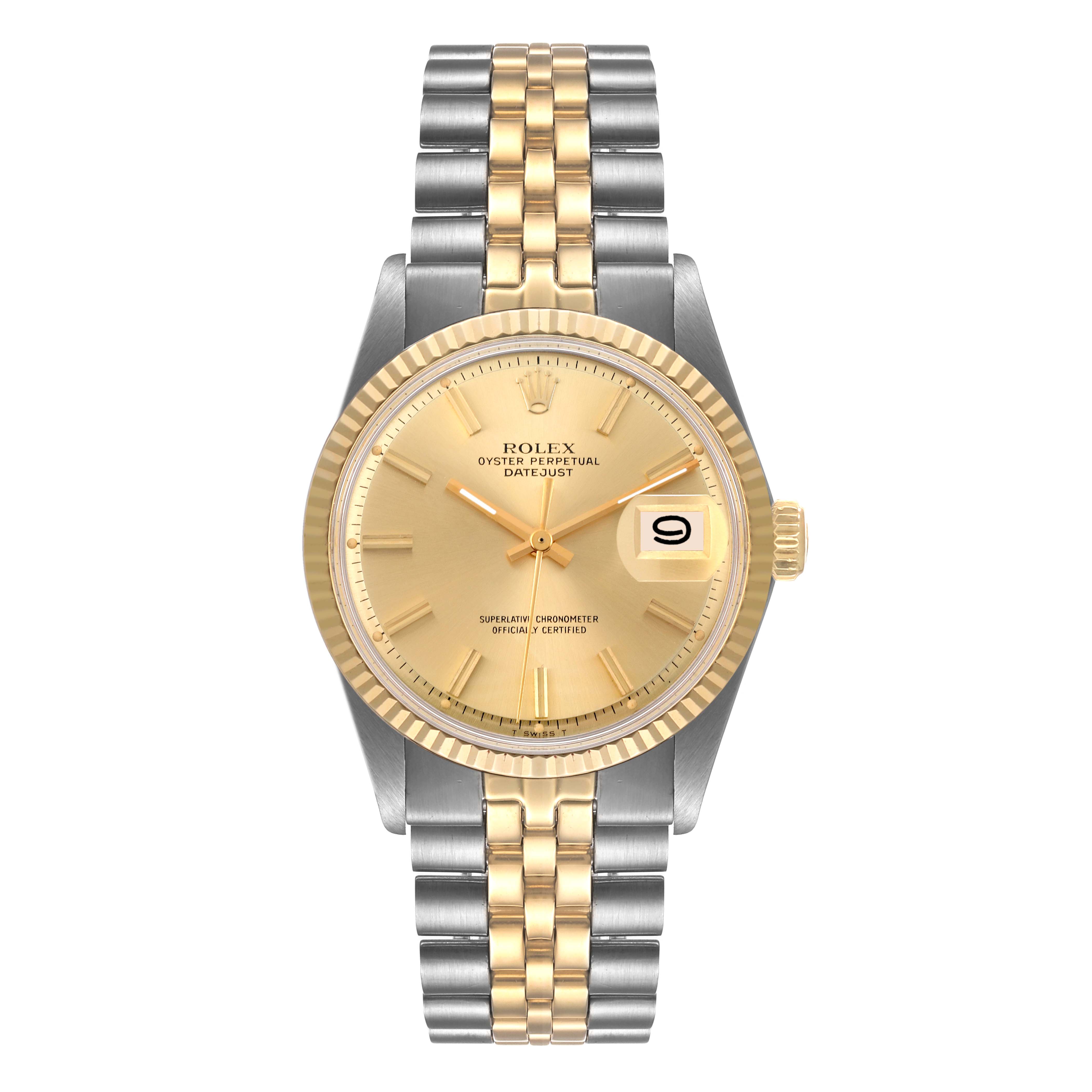 This is a front view of a Rolex Vintage Collection 1601 Men's Steel and Gold (two tone) Champagne Dial 1601 Men's Steel and Gold (two tone) Champagne Dial model, showing the dial, bezel, and two-tone bracelet.