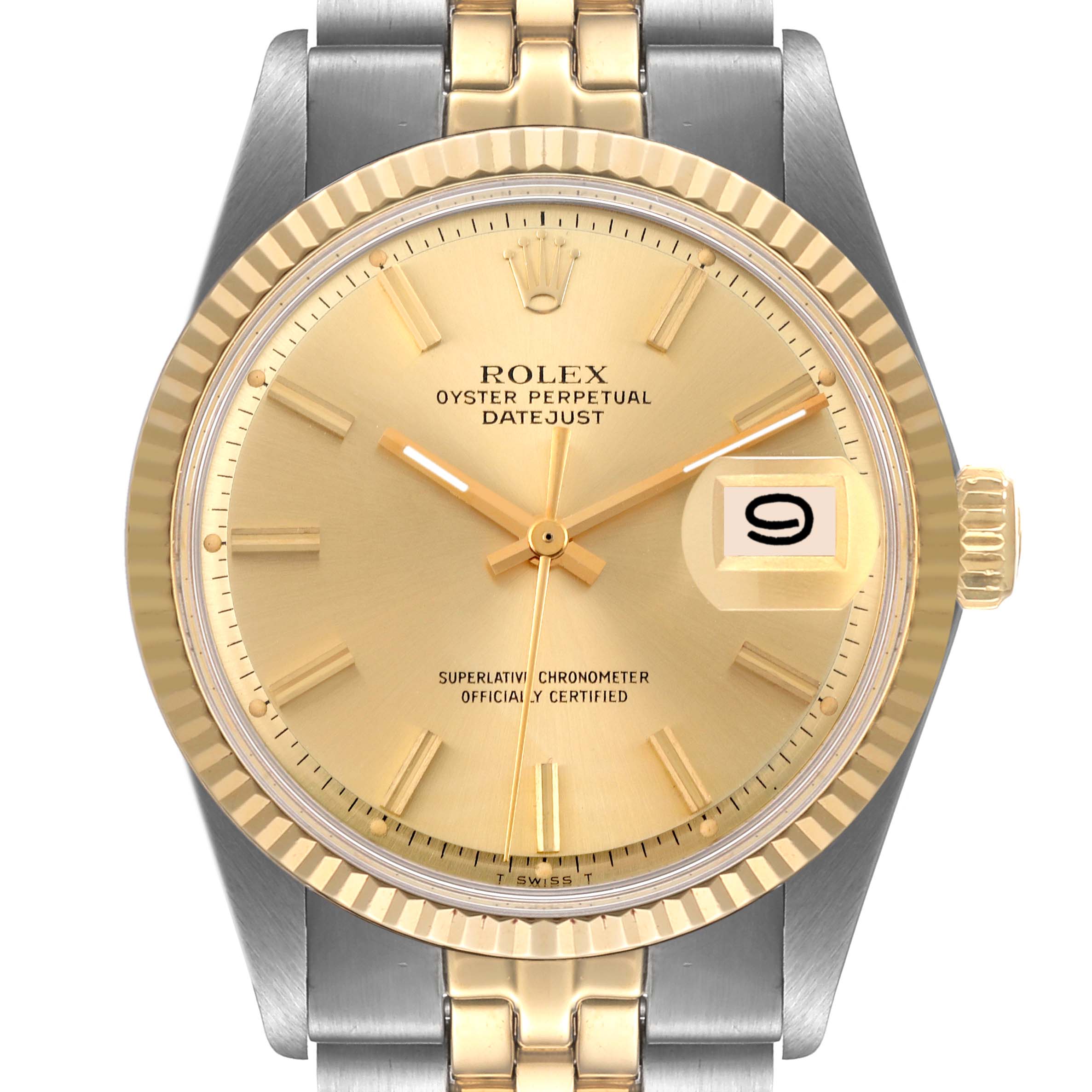 This image shows a frontal view of the Rolex Vintage Collection 1601 Men's Steel and Gold (two tone) Champagne Dial 1601 Men's Steel and Gold (two tone) Champagne Dial Oyster Perpetual Datejust watch, highlighting its dial, bezel, and bracelet.