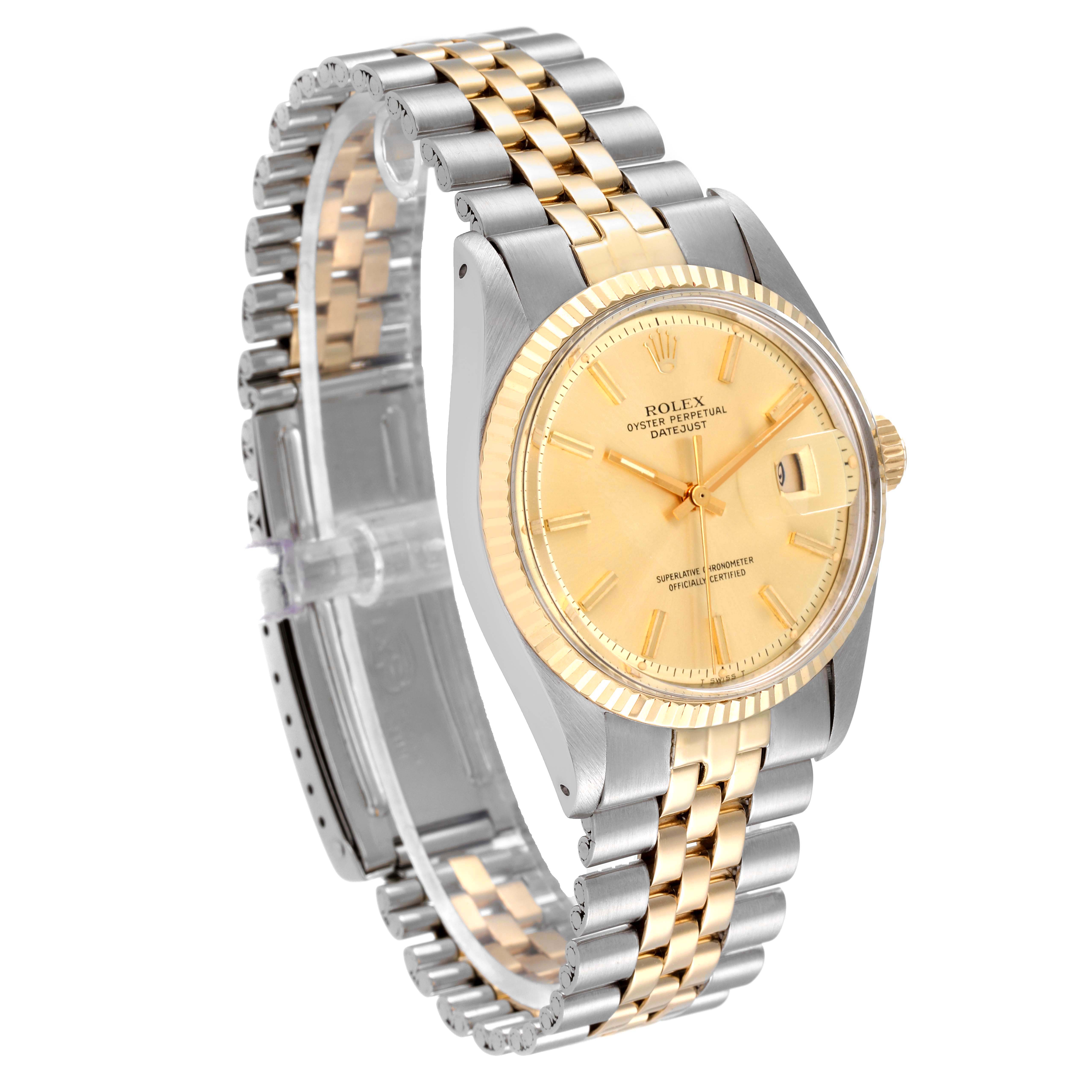 The Rolex Vintage Collection 1601 Men's Steel and Gold (two tone) Champagne Dial 1601 Men's Steel and Gold (two tone) Champagne Dial model watch is shown at an angled perspective, featuring its face, bezel, and two-tone bracelet.