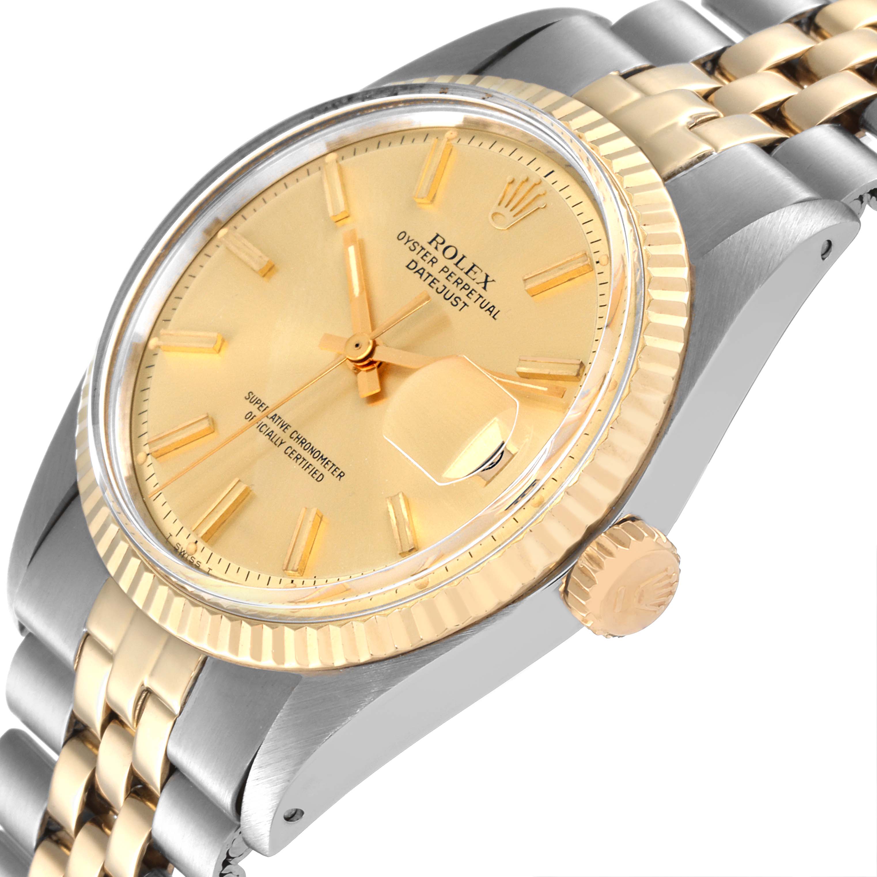 The image shows a Rolex Vintage Collection 1601 Men's Steel and Gold (two tone) Champagne Dial 1601 Men's Steel and Gold (two tone) Champagne Dial watch angled to display its gold dial, fluted bezel, and two-tone bracelet.
