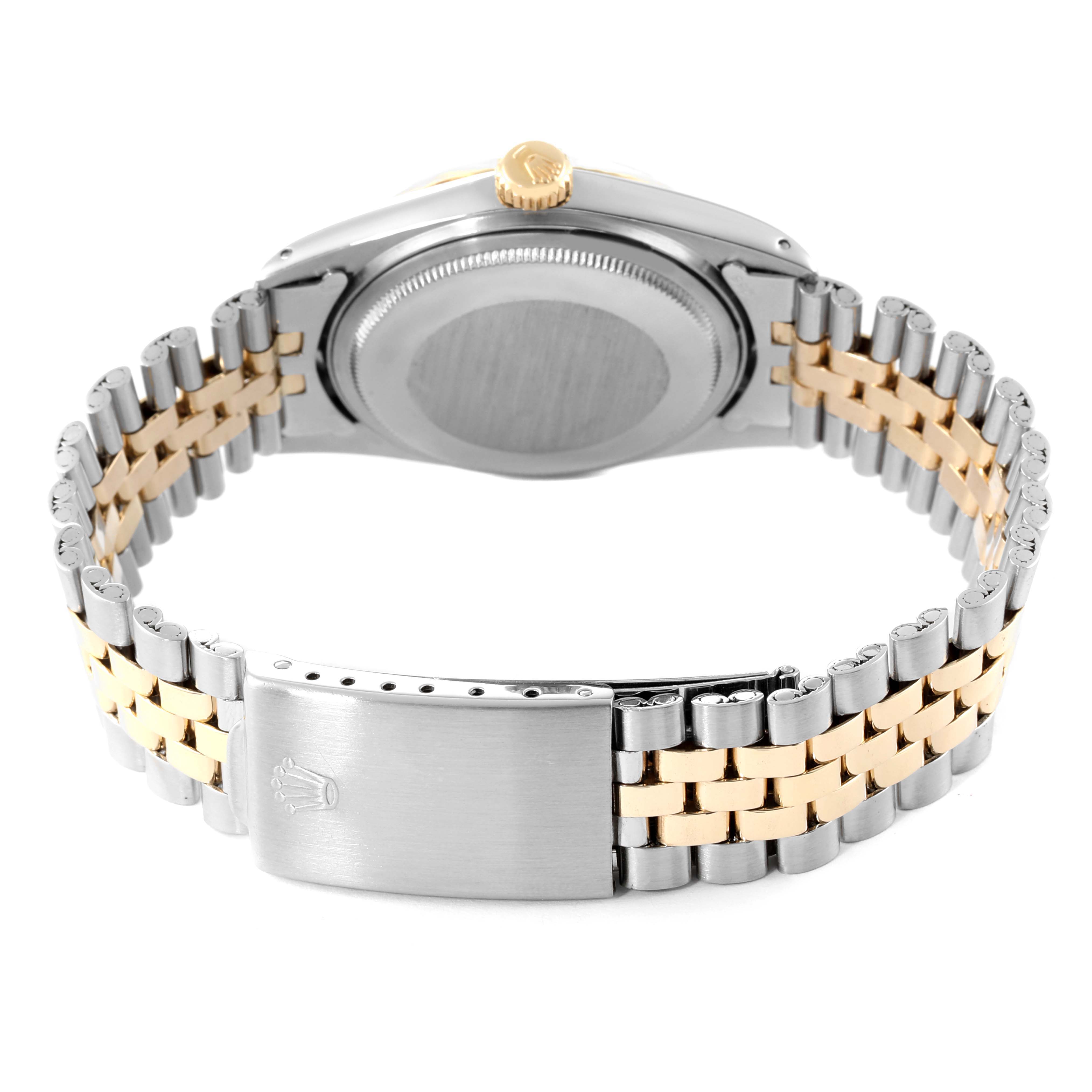 The image shows the back view and clasp of the Rolex Vintage Collection 1601 Men's Steel and Gold (two tone) Champagne Dial 1601 Men's Steel and Gold (two tone) Champagne Dial watch, highlighting its two-tone bracelet.