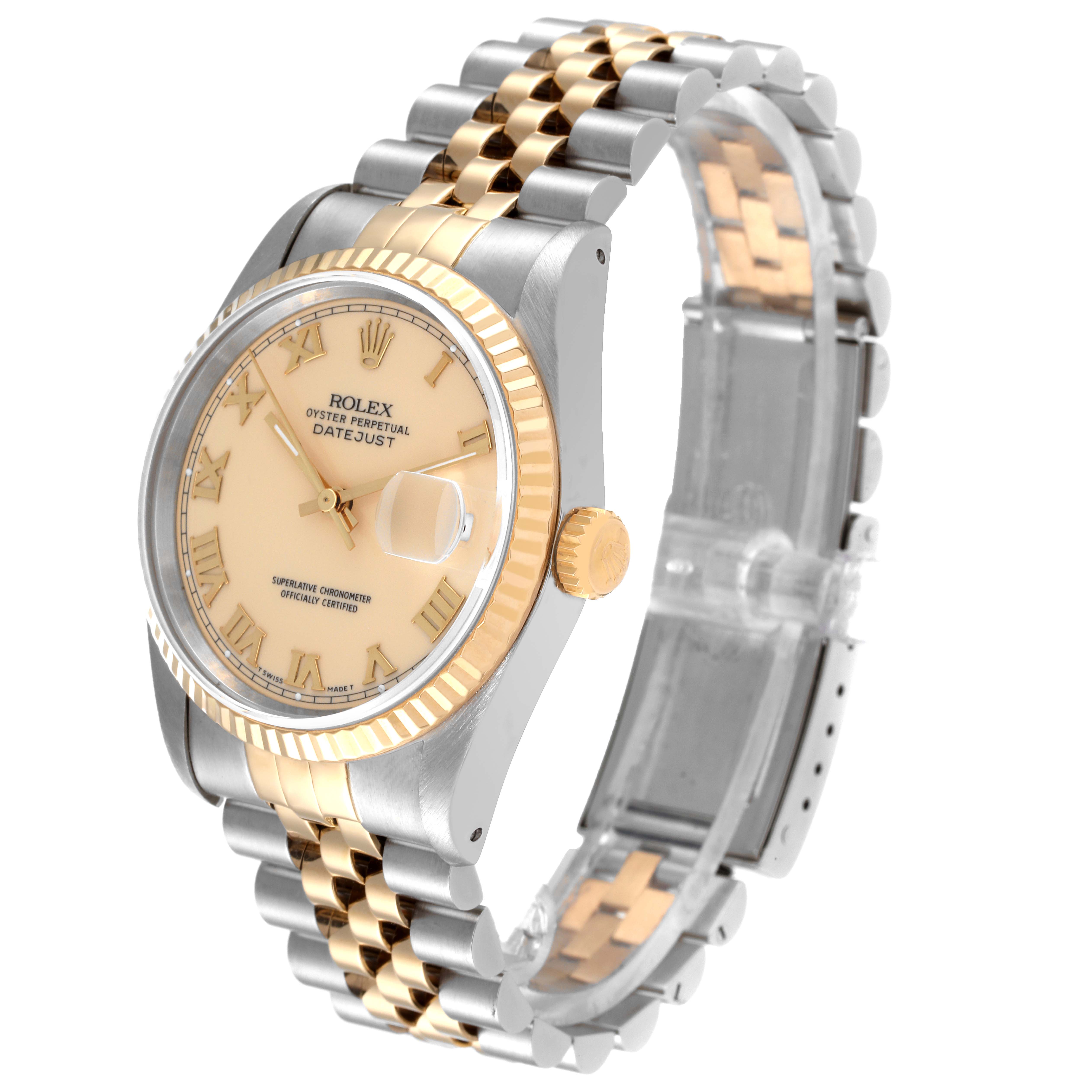 This image shows a Rolex Datejust 16233 Men's Steel and Gold (two tone) Beige Dial 16233 Men's Steel and Gold (two tone) Beige Dial watch at a slight angle, highlighting its dial, bezel, crown, and two-tone Jubilee bracelet.
