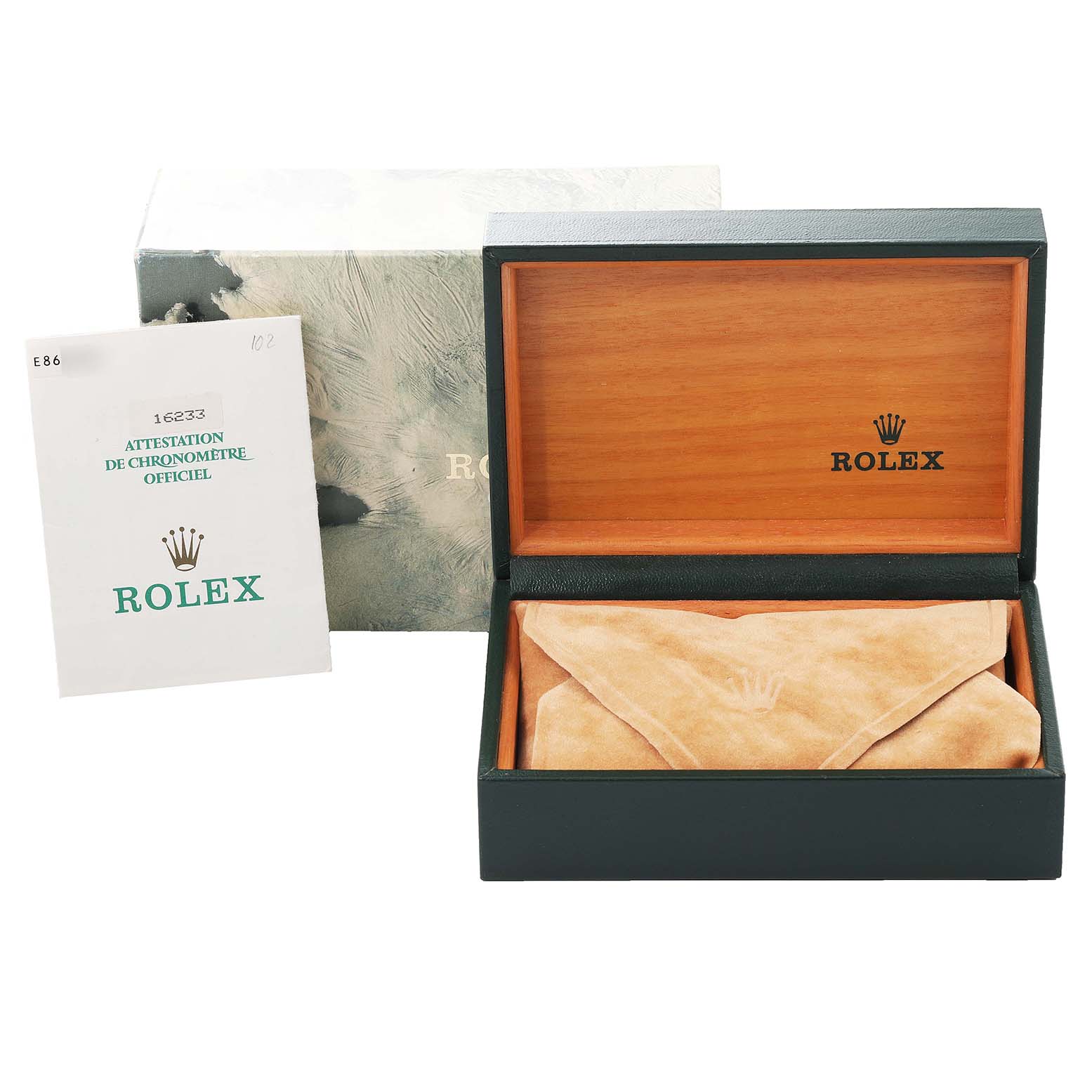 The image shows the packaging and certificate of the Rolex Datejust 16233 Men's Steel and Gold (two tone) Beige Dial 16233 Men's Steel and Gold (two tone) Beige Dial model, including the box and an official chronometer certificate.