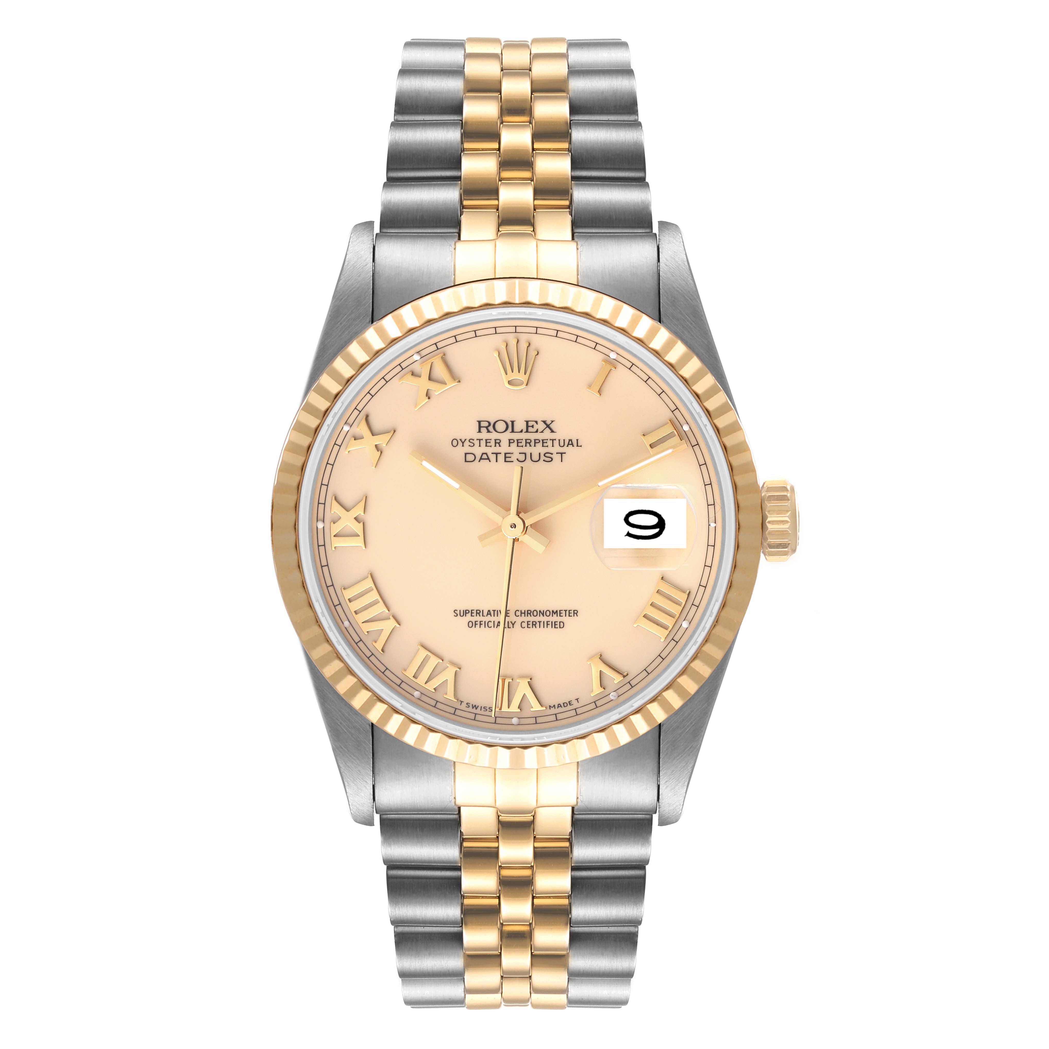 Rolex Datejust Steel Yellow Gold Ivory Roman Dial Mens Watch 16233 Box ...