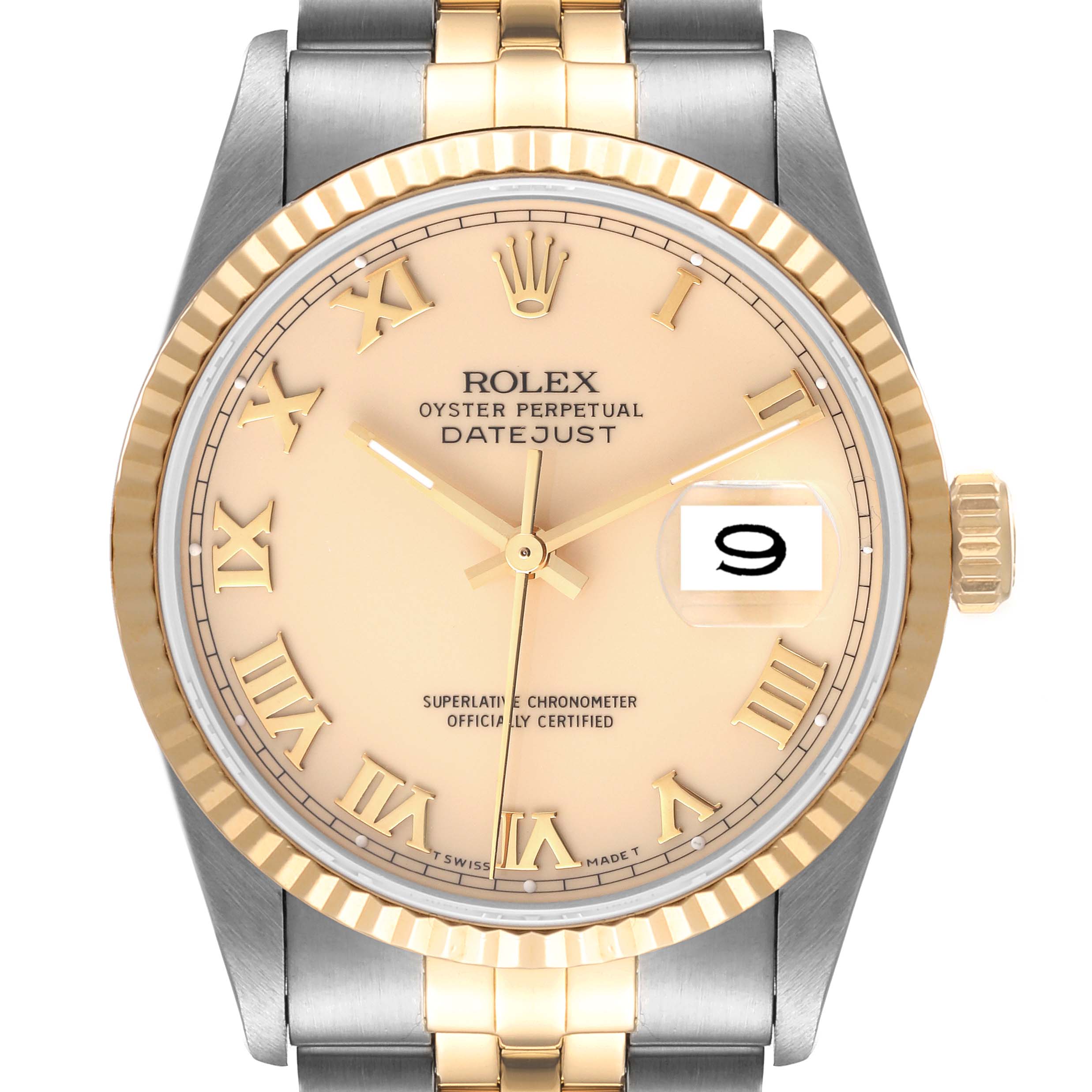 The image shows a front view of a Rolex Datejust 16233 Men's Steel and Gold (two tone) Beige Dial 16233 Men's Steel and Gold (two tone) Beige Dial watch, highlighting its champagne dial, gold fluted bezel, and two-tone bracelet.