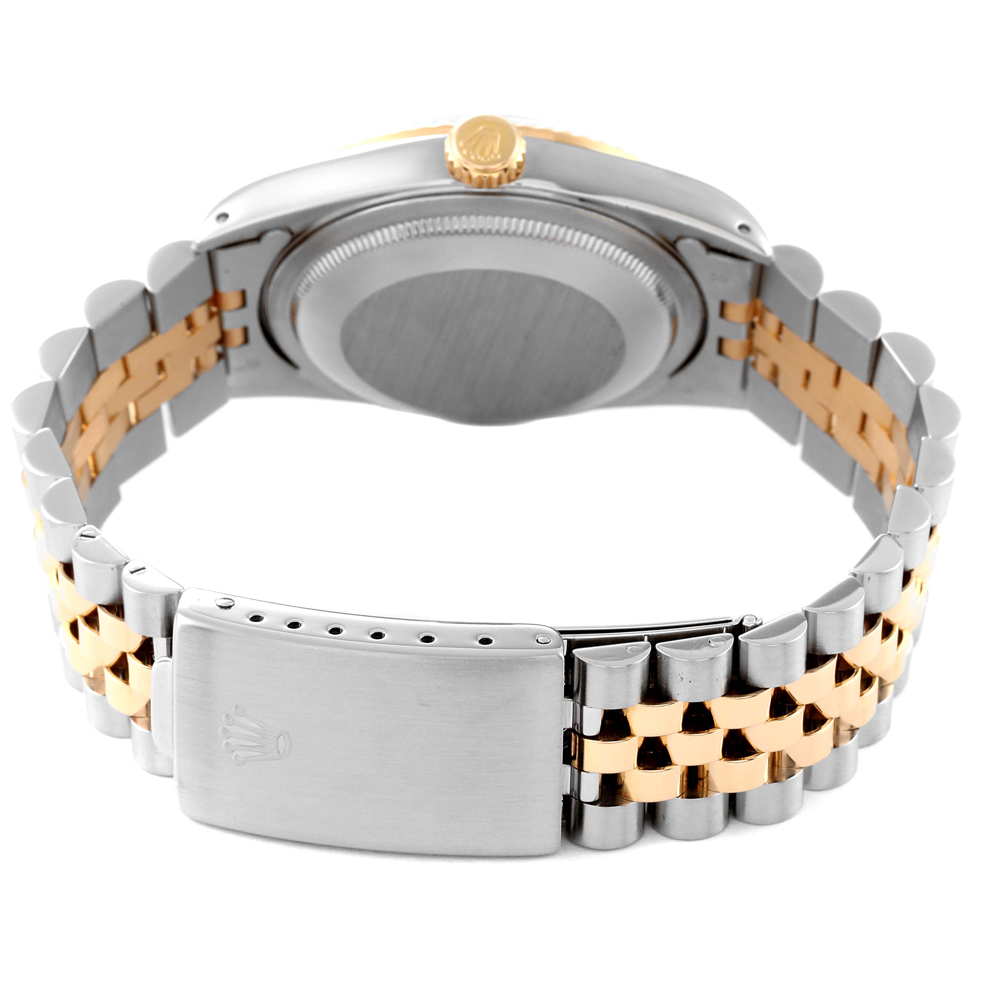 The image shows the back of the Rolex Datejust 16233 Men's Steel and Gold (two tone) Beige Dial 16233 Men's Steel and Gold (two tone) Beige Dial watch, highlighting its two-tone bracelet and clasp.