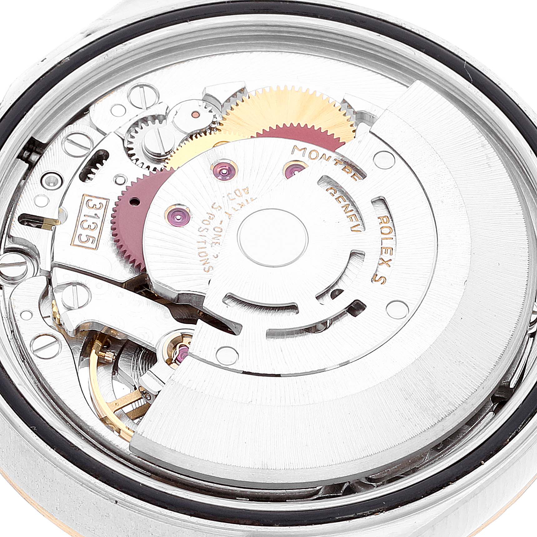 This image shows an internal, detailed view of the movement mechanism of a Rolex Datejust 16233 Men's Steel and Gold (two tone) Beige Dial 16233 Men's Steel and Gold (two tone) Beige Dial watch.