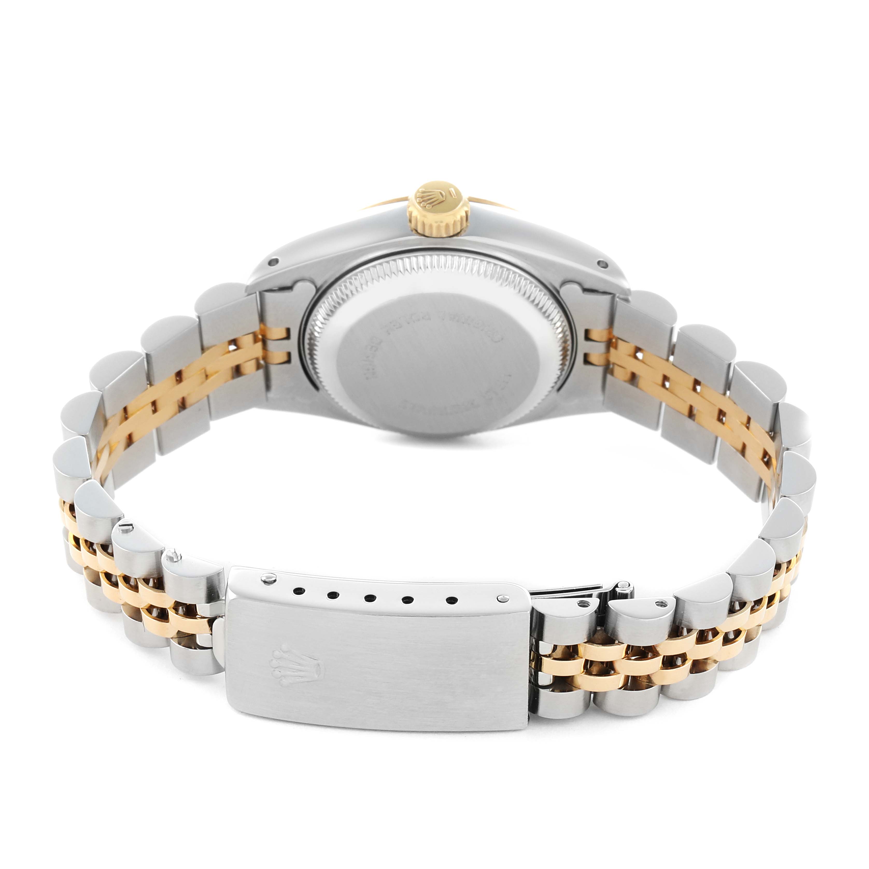 The image shows the back and bracelet of a Rolex Datejust 69173 Women
s Steel and Gold (two tone) Silver Dial, highlighting the two-tone Jubilee band and clasp.