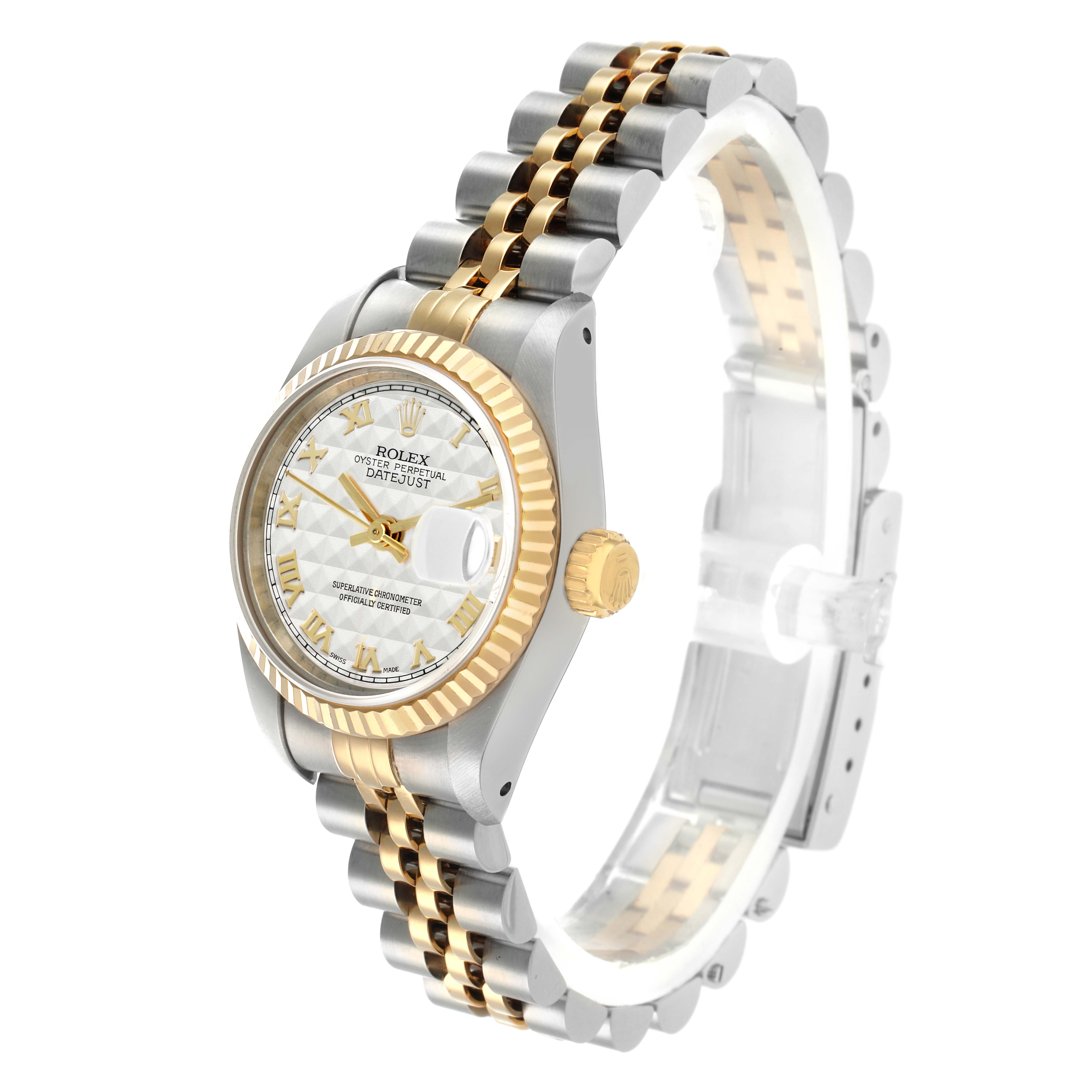 The Rolex Datejust 69173 Women
s Steel and Gold (two tone) Silver Dial watch is shown at a three-quarter angle, displaying the face, fluted bezel, crown, and two-tone jubilee bracelet.