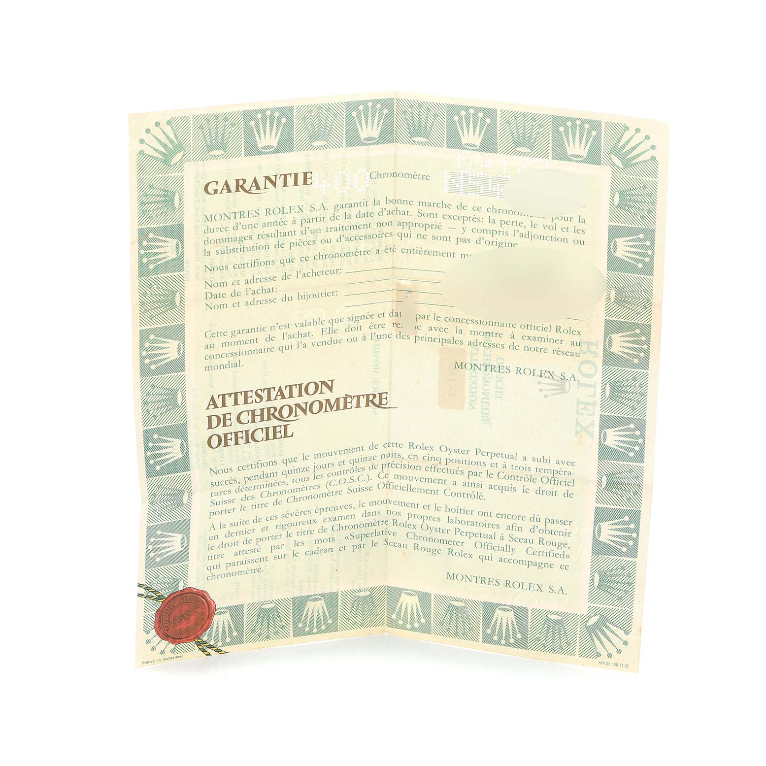 The image shows a folded warranty certificate for a Rolex Datejust 69173 Women
s Steel and Gold (two tone) Silver Dial, featuring brand logos and text in French.