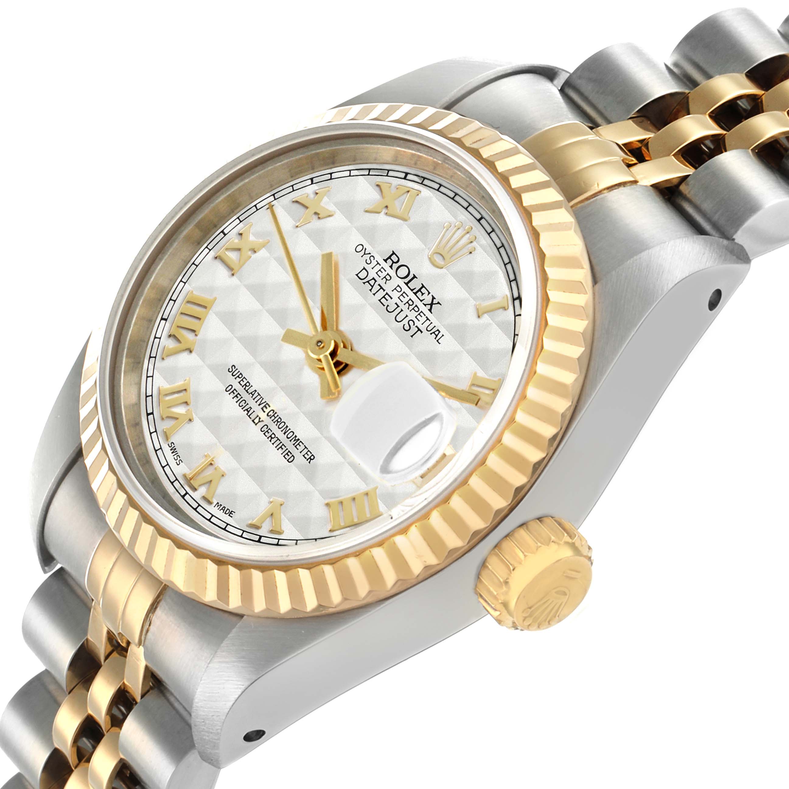 The Rolex Datejust 69173 Women
s Steel and Gold (two tone) Silver Dial watch is angled to show the face, bezel, crown, Cyclops lens, and the two-tone jubilee bracelet.