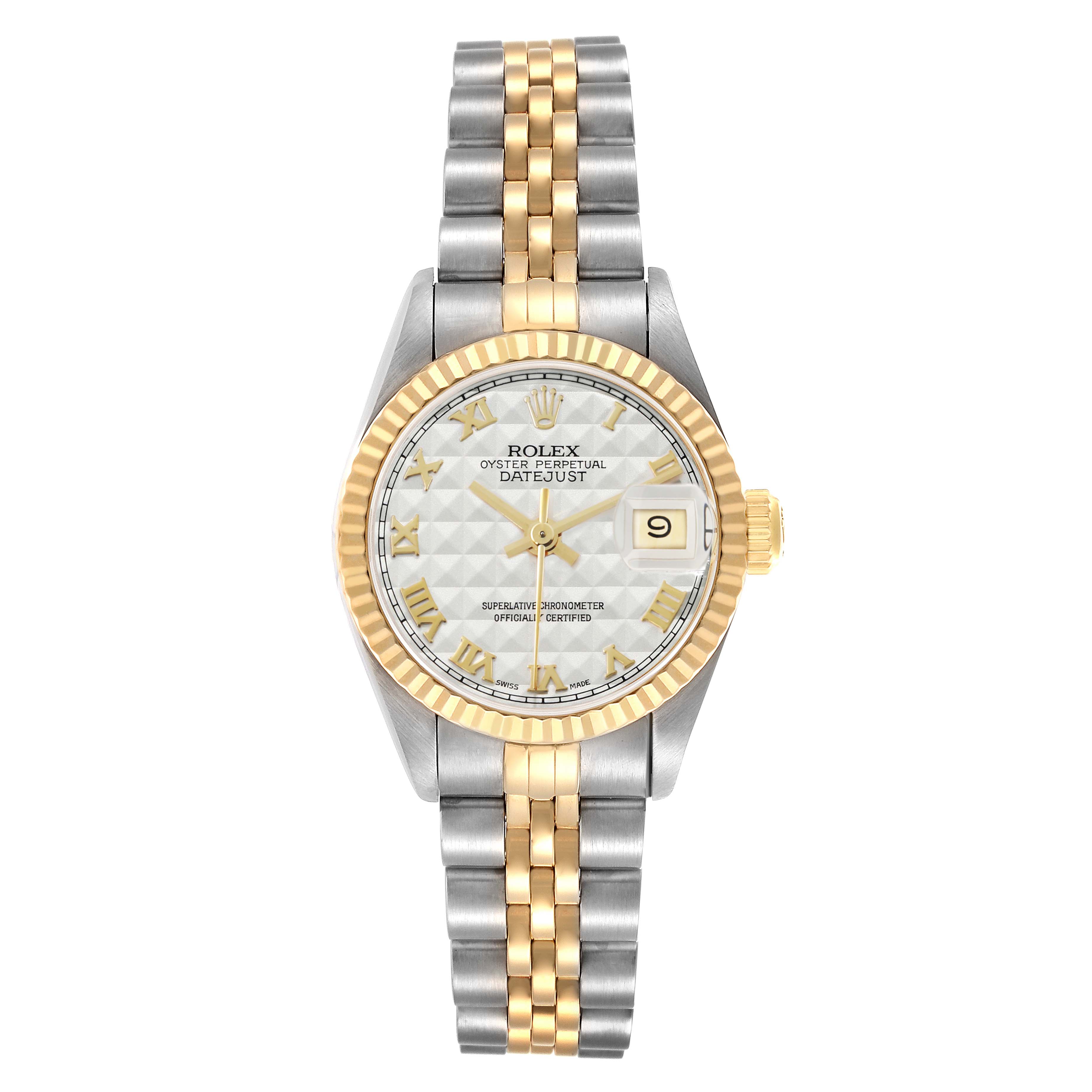The Rolex Datejust 69173 Women
s Steel and Gold (two tone) Silver Dial watch is shown from a top-down angle, displaying its dial, bezel, and two-tone bracelet.