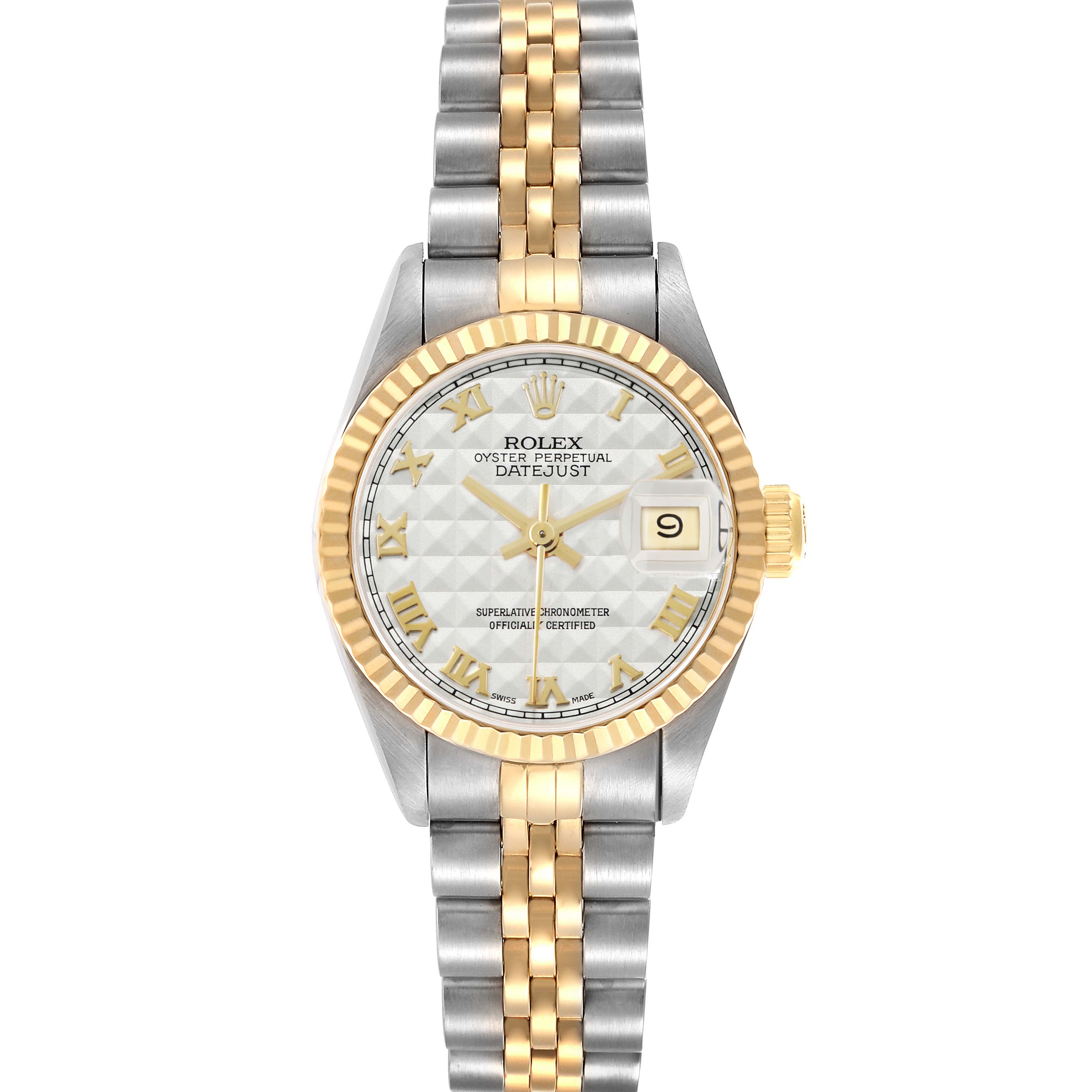 The Rolex Datejust 69173 Women
s Steel and Gold (two tone) Silver Dial watch is shown from a front angle, displaying its dial, bezel, and bracelet in stainless steel and gold.