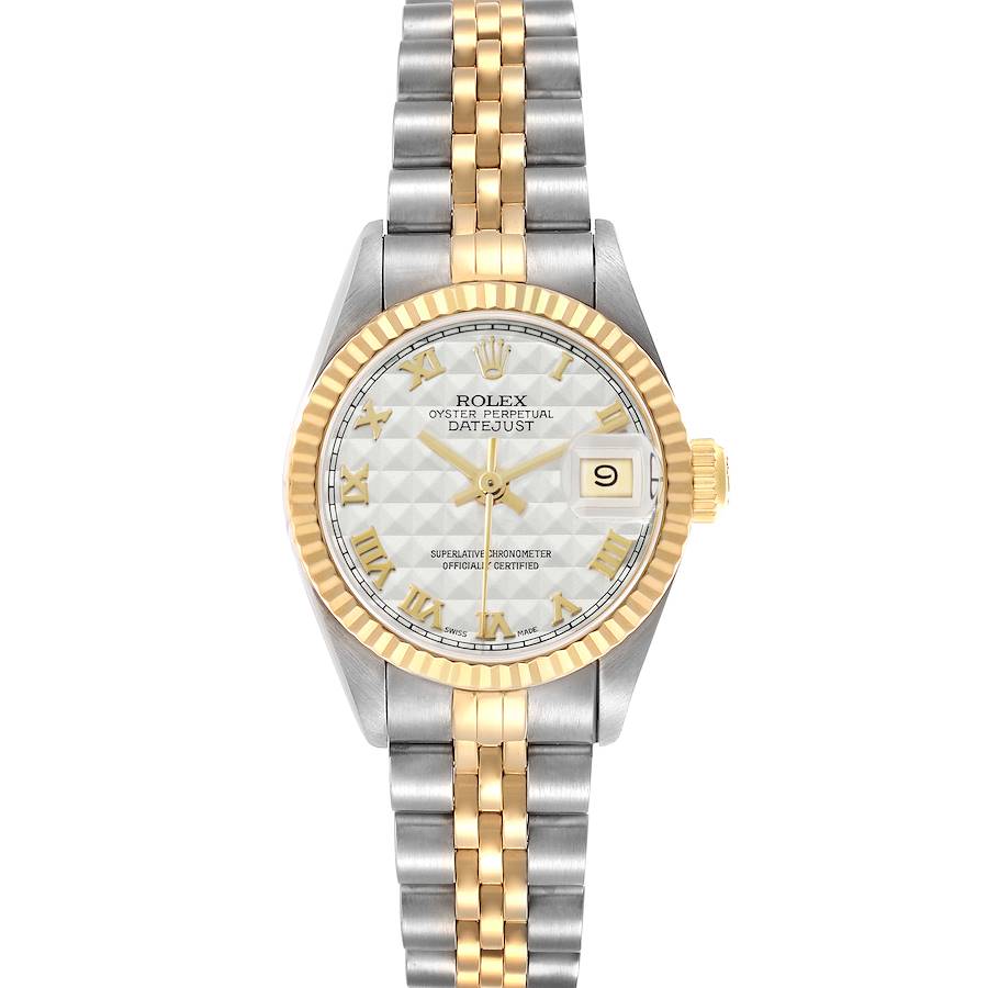 The Rolex Datejust 69173 Women's Steel and Gold (two tone) Silver Dial watch is shown from a front angle, displaying its dial, bezel, and bracelet in stainless steel and gold.