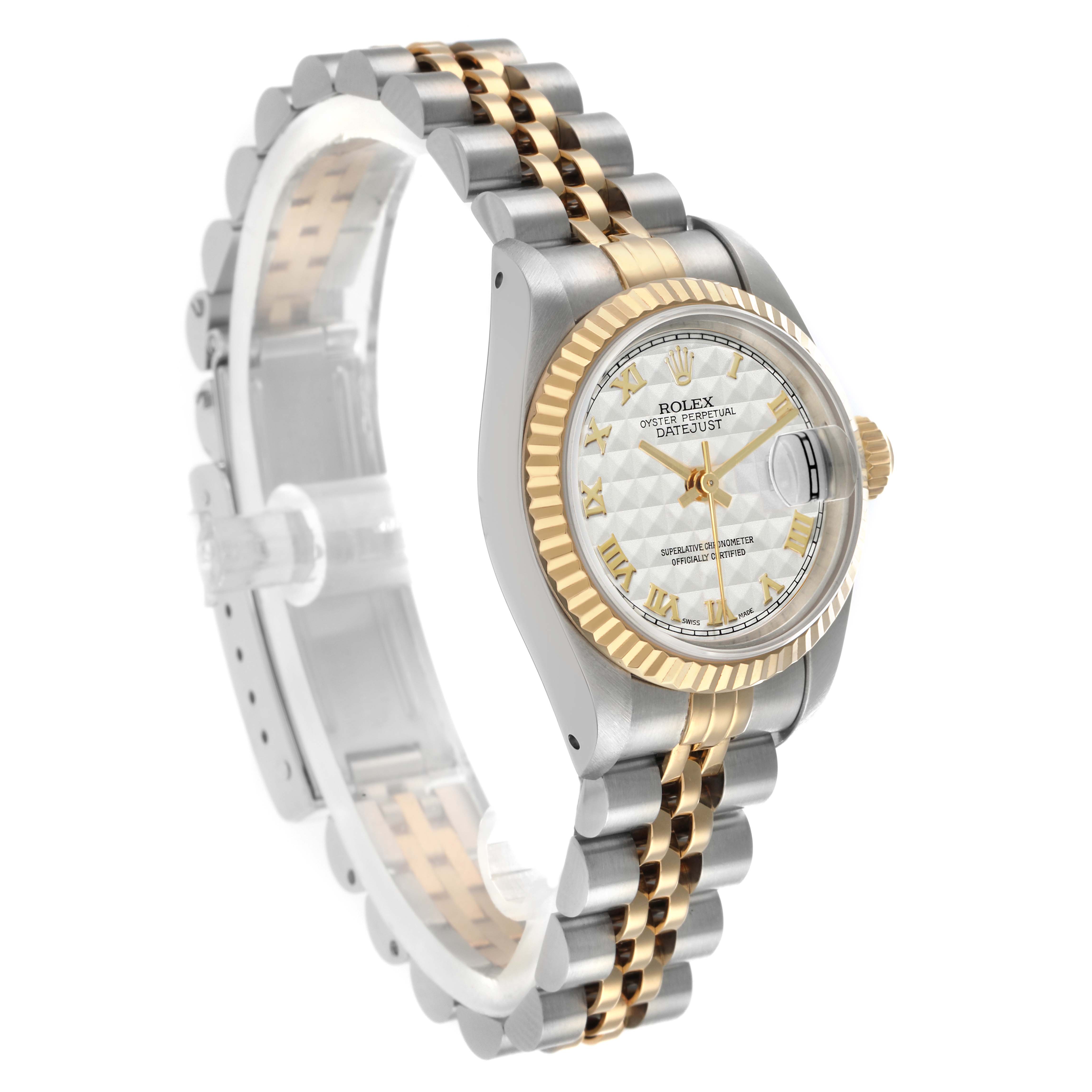 The Rolex Datejust 69173 Women
s Steel and Gold (two tone) Silver Dial watch is shown at a three-quarter angle, highlighting the face, fluted bezel, and two-tone Jubilee bracelet.