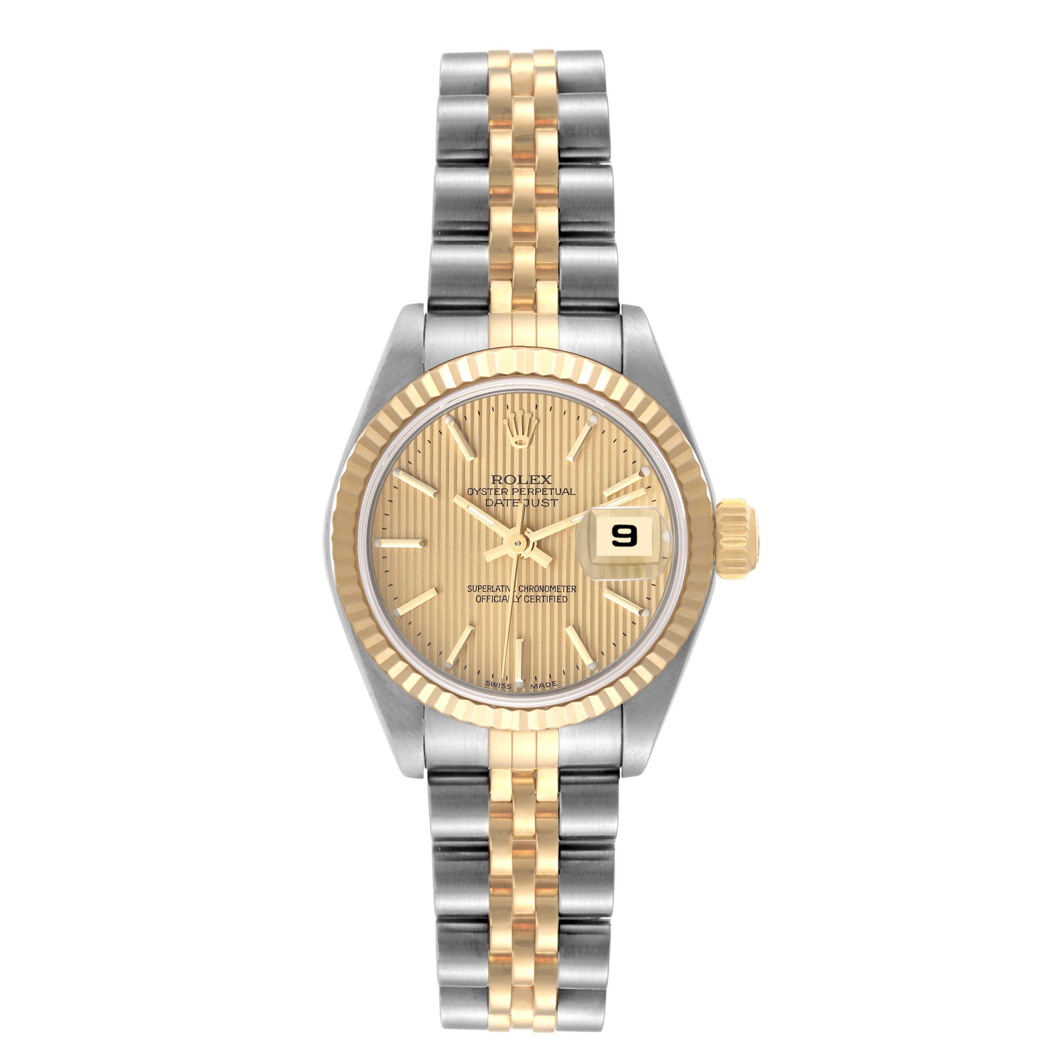 This Rolex Datejust 79173 Women's Steel and Gold (two tone) Champagne Dial 79173 Women's Steel and Gold (two tone) Champagne Dial watch is shown from a top-down angle, displaying its face, bezel, crown, and two-tone metal bracelet.