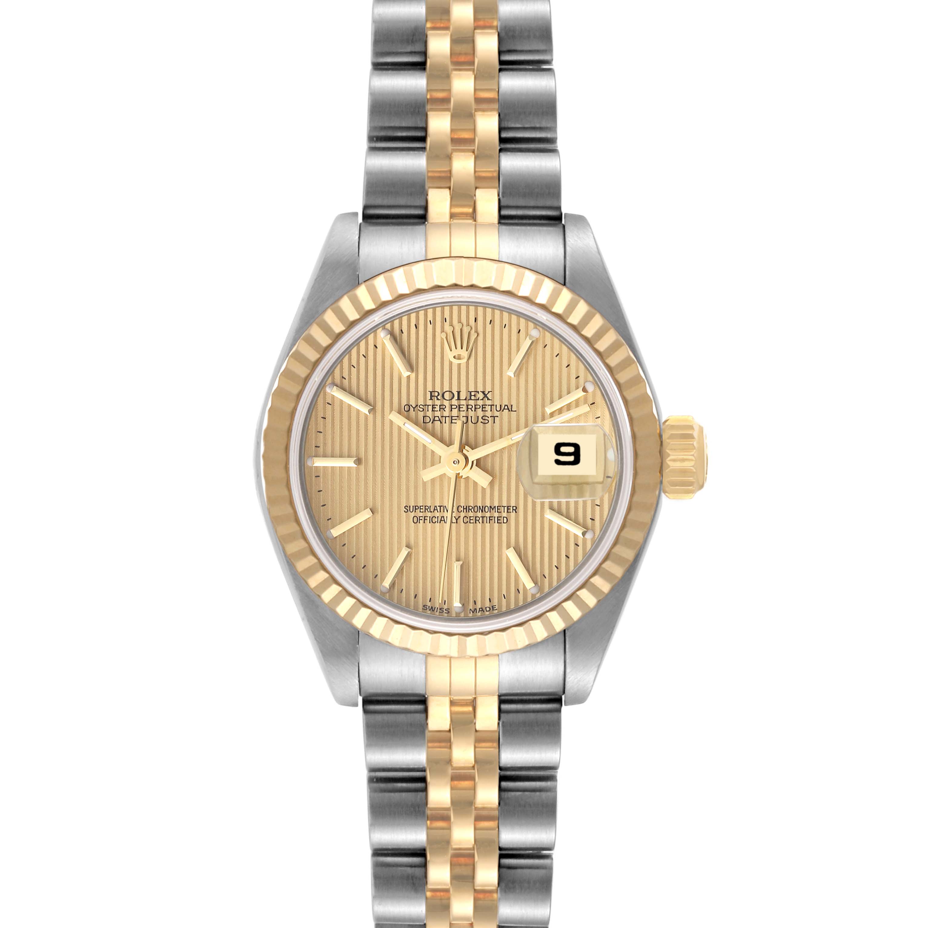 This image shows a front view of the Rolex Datejust 79173 Women's Steel and Gold (two tone) Champagne Dial 79173 Women's Steel and Gold (two tone) Champagne Dial watch, highlighting its face, bezel, crown, and two-tone bracelet.