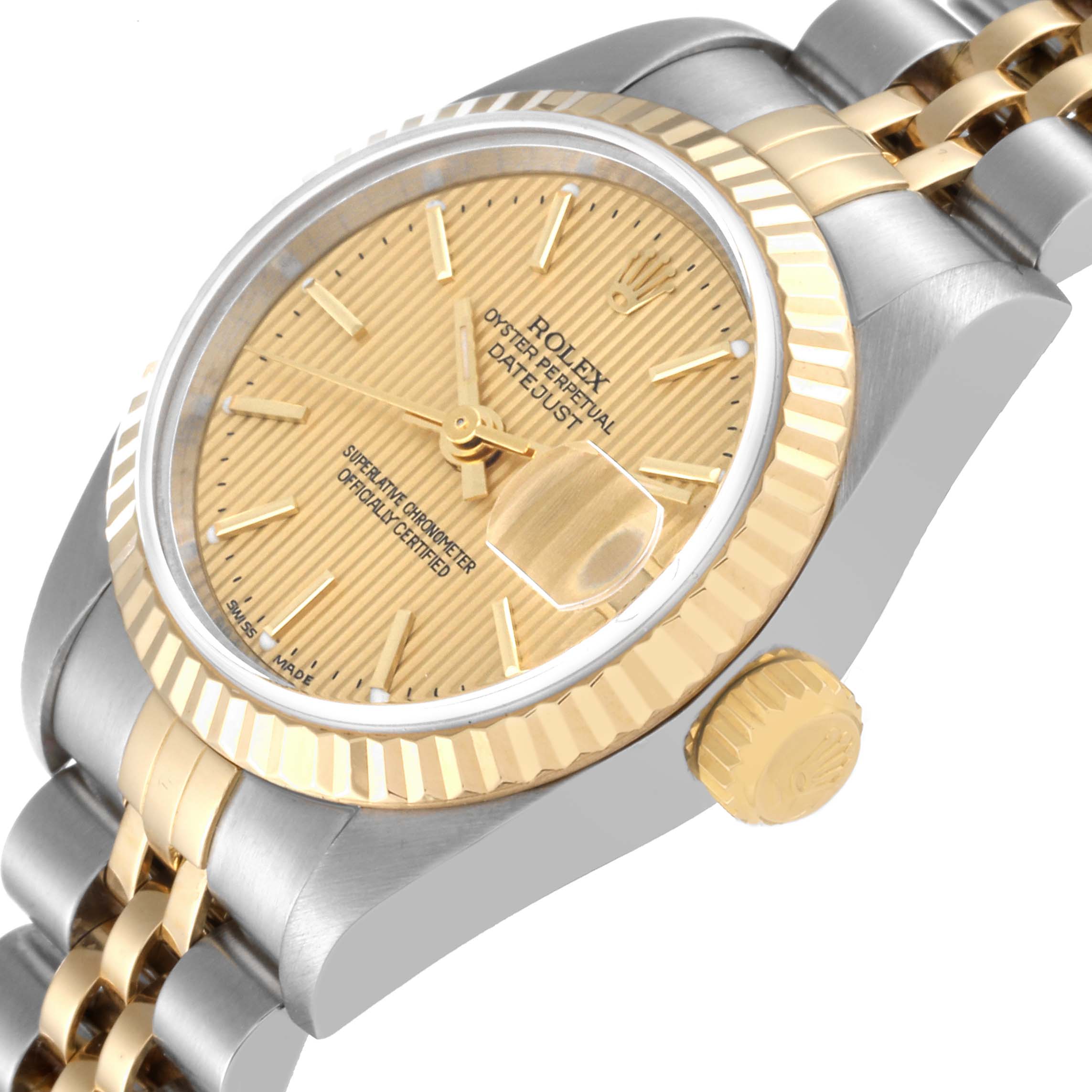 The image shows a close-up angle of the Rolex Datejust 79173 Women's Steel and Gold (two tone) Champagne Dial 79173 Women's Steel and Gold (two tone) Champagne Dial watch highlighting the bezel, dial, and crown.