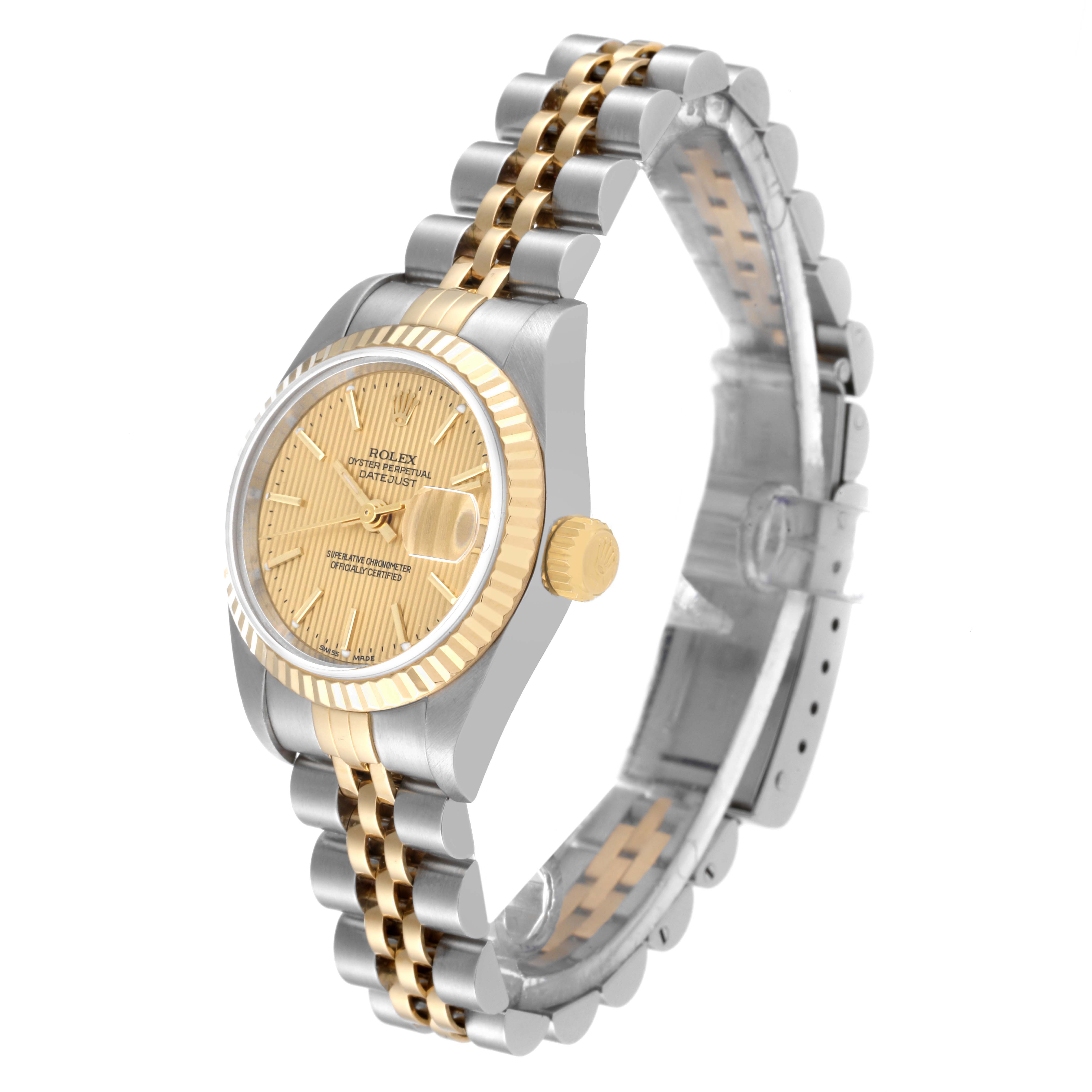 The image shows a Rolex Datejust 79173 Women's Steel and Gold (two tone) Champagne Dial 79173 Women's Steel and Gold (two tone) Champagne Dial watch at an angle, displaying its face, bezel, crown, and bracelet.