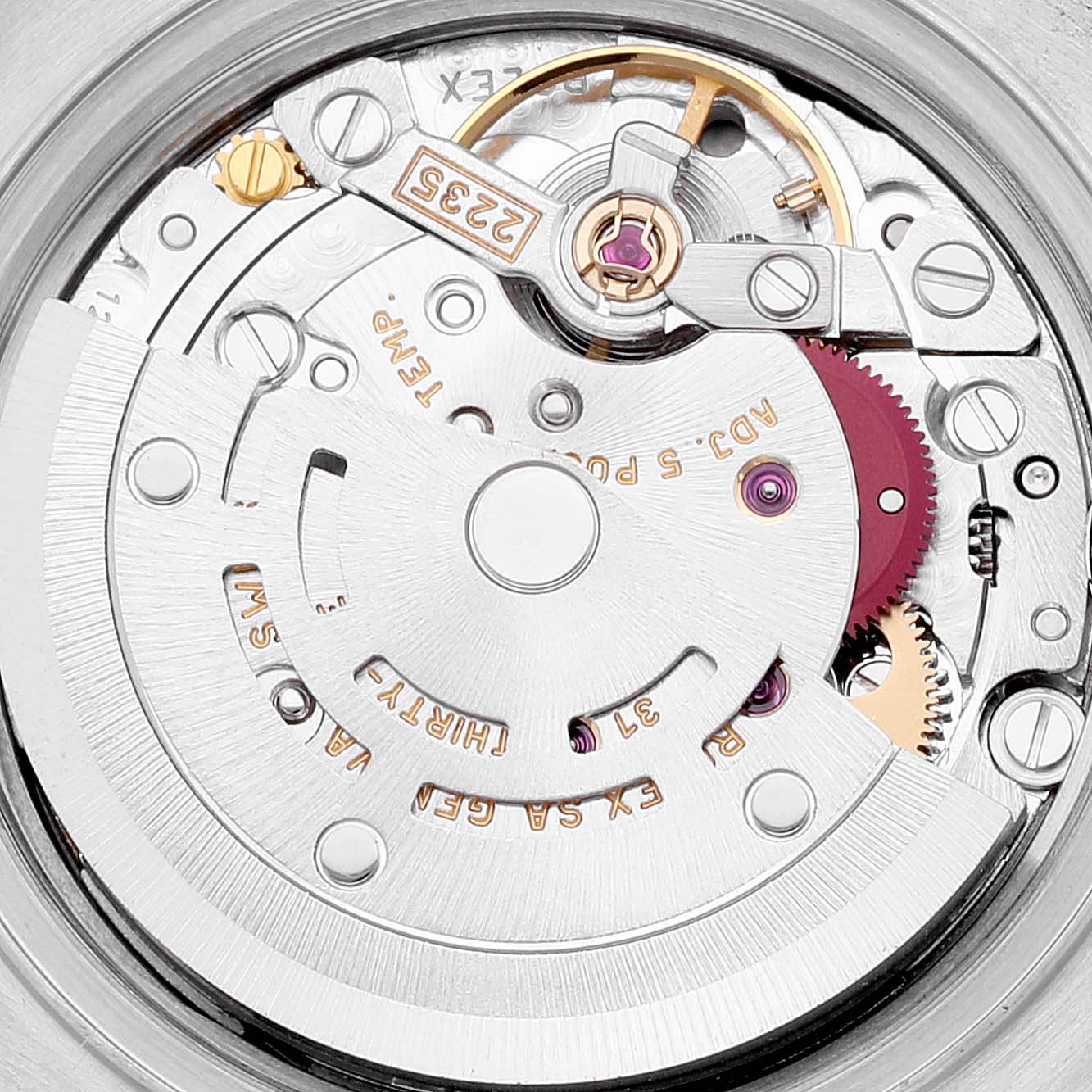 The image shows the internal mechanical movement of a Rolex Datejust 79173 Women's Steel and Gold (two tone) Champagne Dial 79173 Women's Steel and Gold (two tone) Champagne Dial watch viewed from the back.