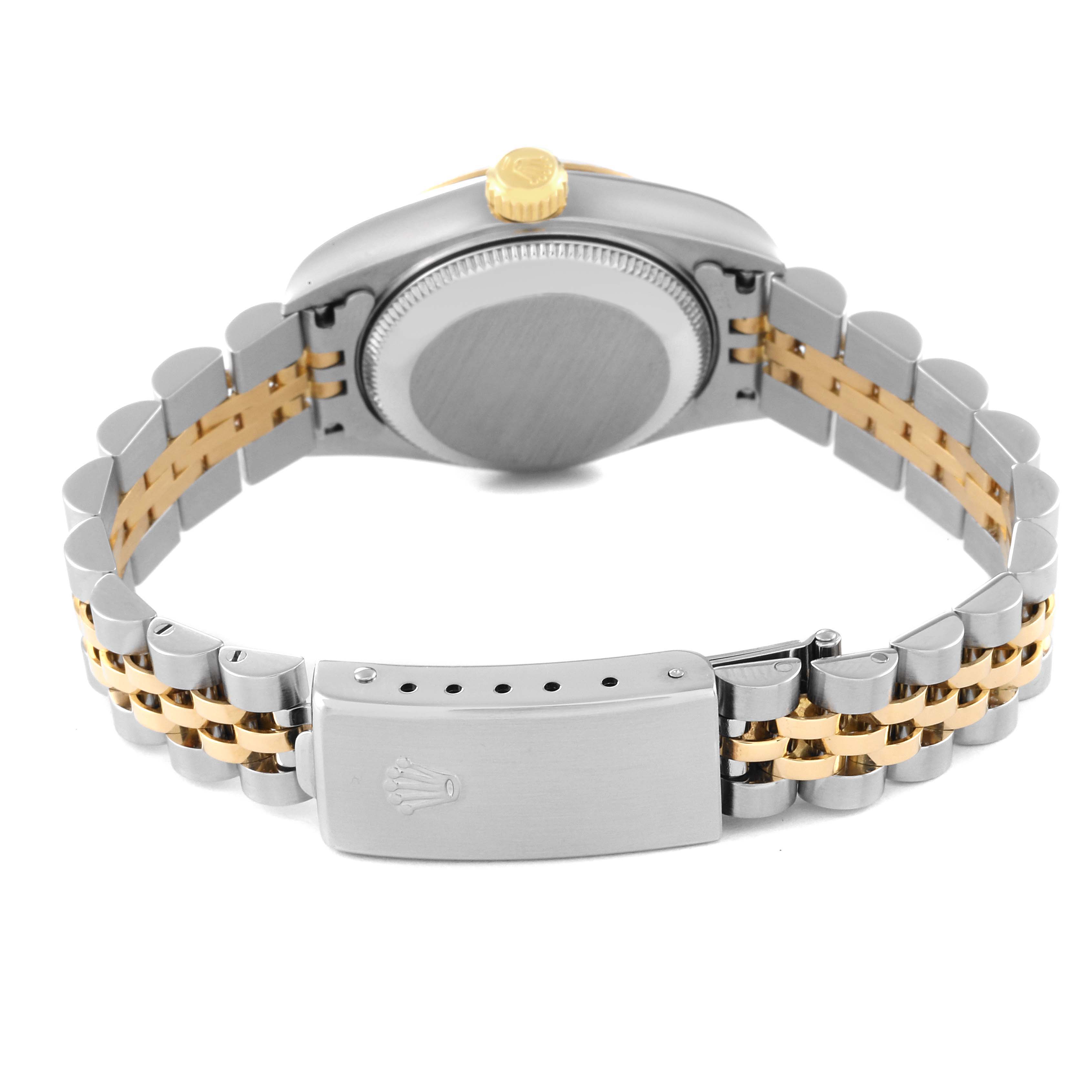 This image shows the back, clasp, and part of the bracelet of a Rolex Datejust 79173 Women's Steel and Gold (two tone) Champagne Dial 79173 Women's Steel and Gold (two tone) Champagne Dial watch.