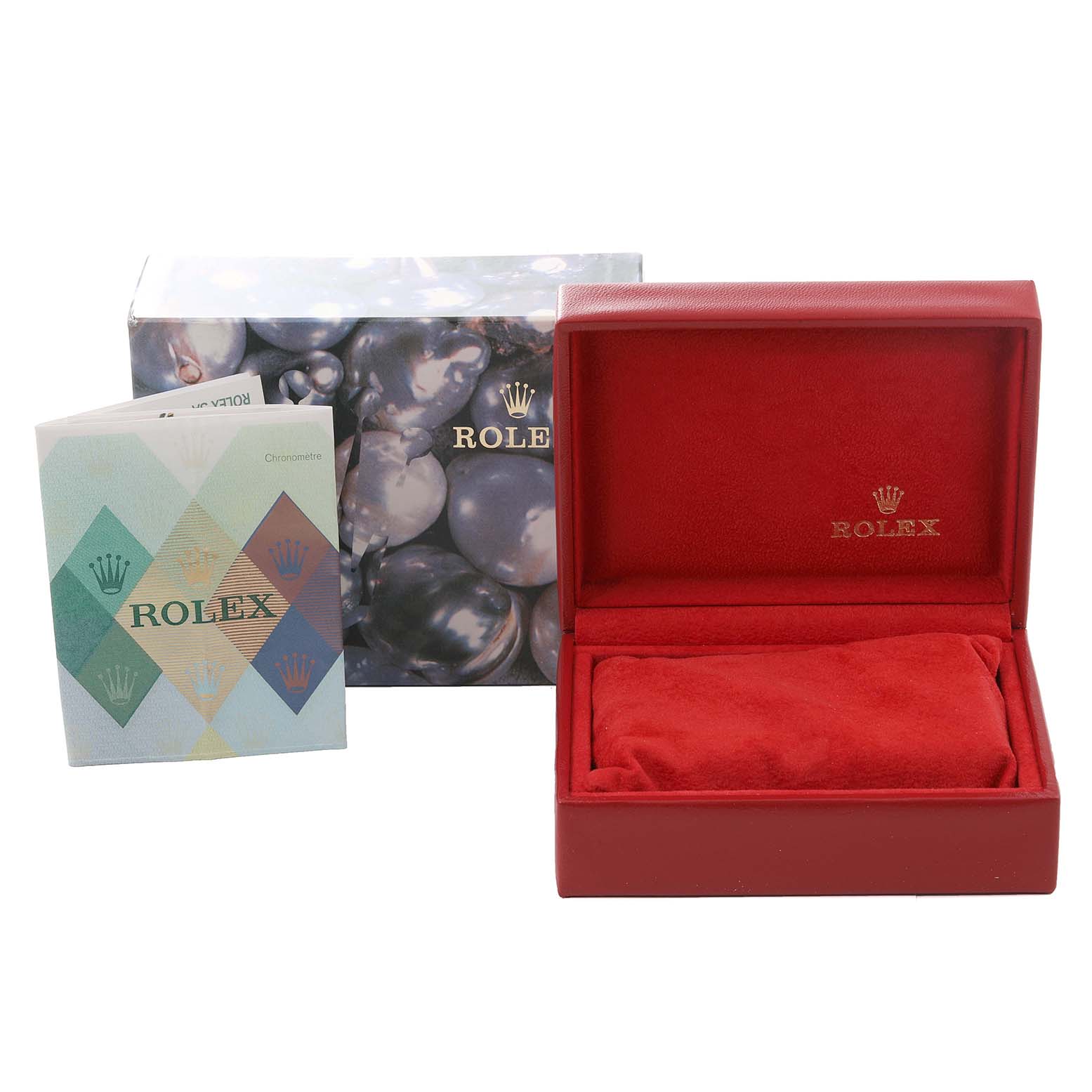 The image shows the packaging for a Rolex Datejust 79173 Women's Steel and Gold (two tone) Champagne Dial 79173 Women's Steel and Gold (two tone) Champagne Dial, including the outer box, inner box, and booklet.