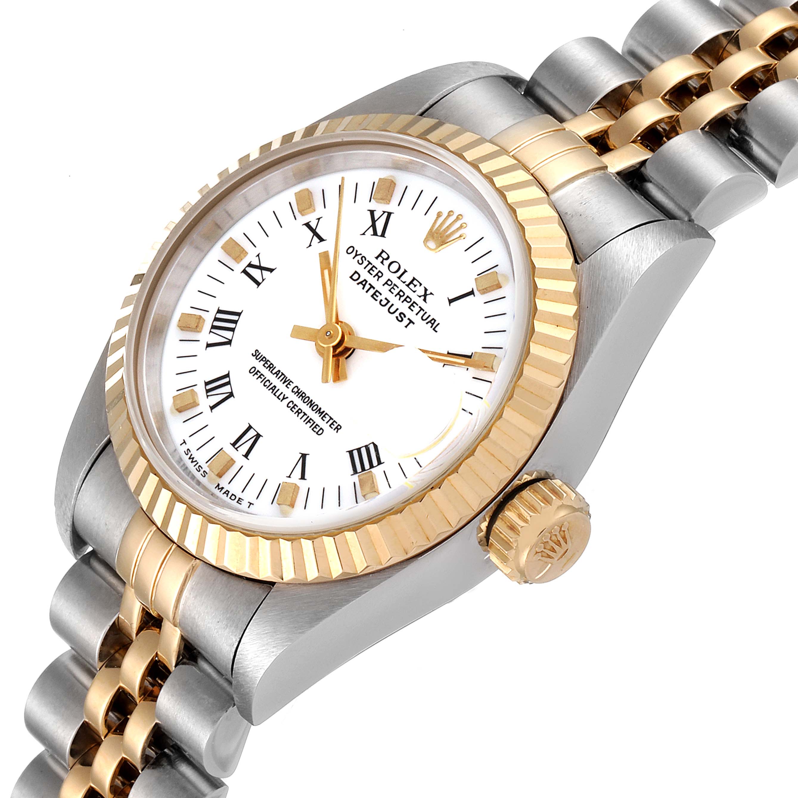 The image shows a Rolex Datejust 69173 Women's Steel and Gold (two tone) White Dial 69173 Women's Steel and Gold (two tone) White Dial watch at an angled view, highlighting its bezel, face, dial, and bracelet.