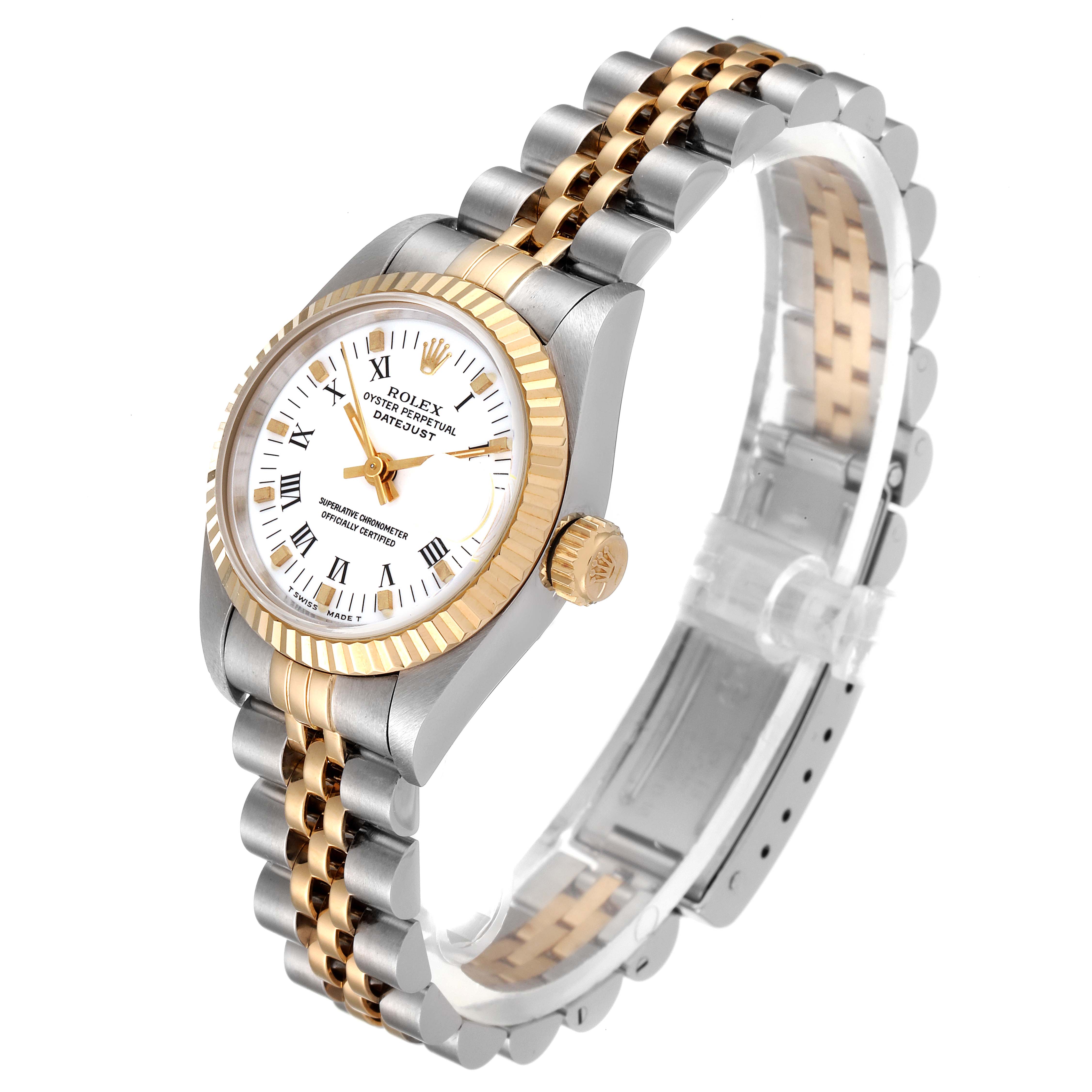 This Rolex Datejust 69173 Women's Steel and Gold (two tone) White Dial 69173 Women's Steel and Gold (two tone) White Dial watch is displayed at a slight angle from the front, showing the dial, bezel, crown, and bracelet.