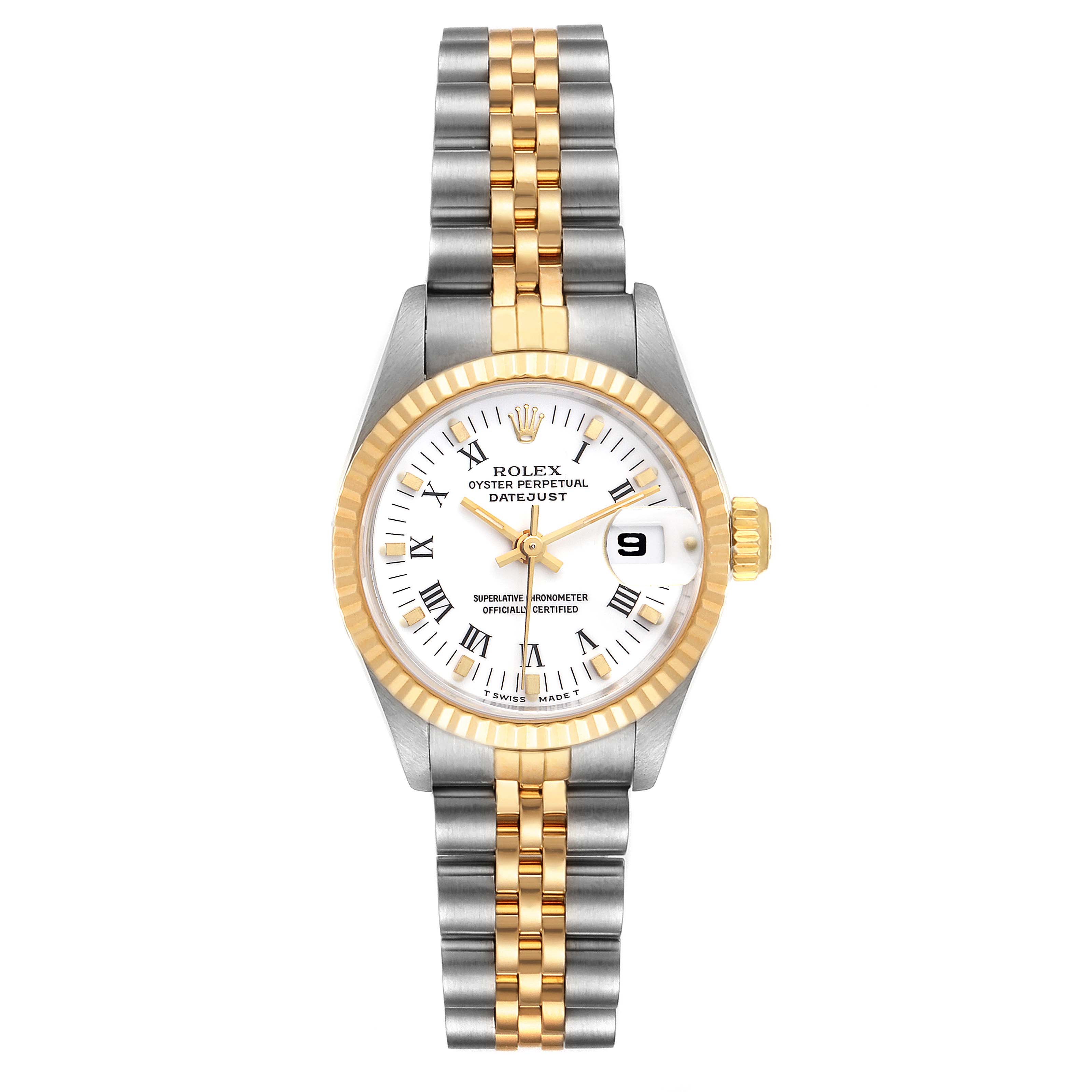 This image shows a Rolex Datejust 69173 Women's Steel and Gold (two tone) White Dial 69173 Women's Steel and Gold (two tone) White Dial watch from a top-down angle, featuring a two-tone bracelet, white dial, and date window.