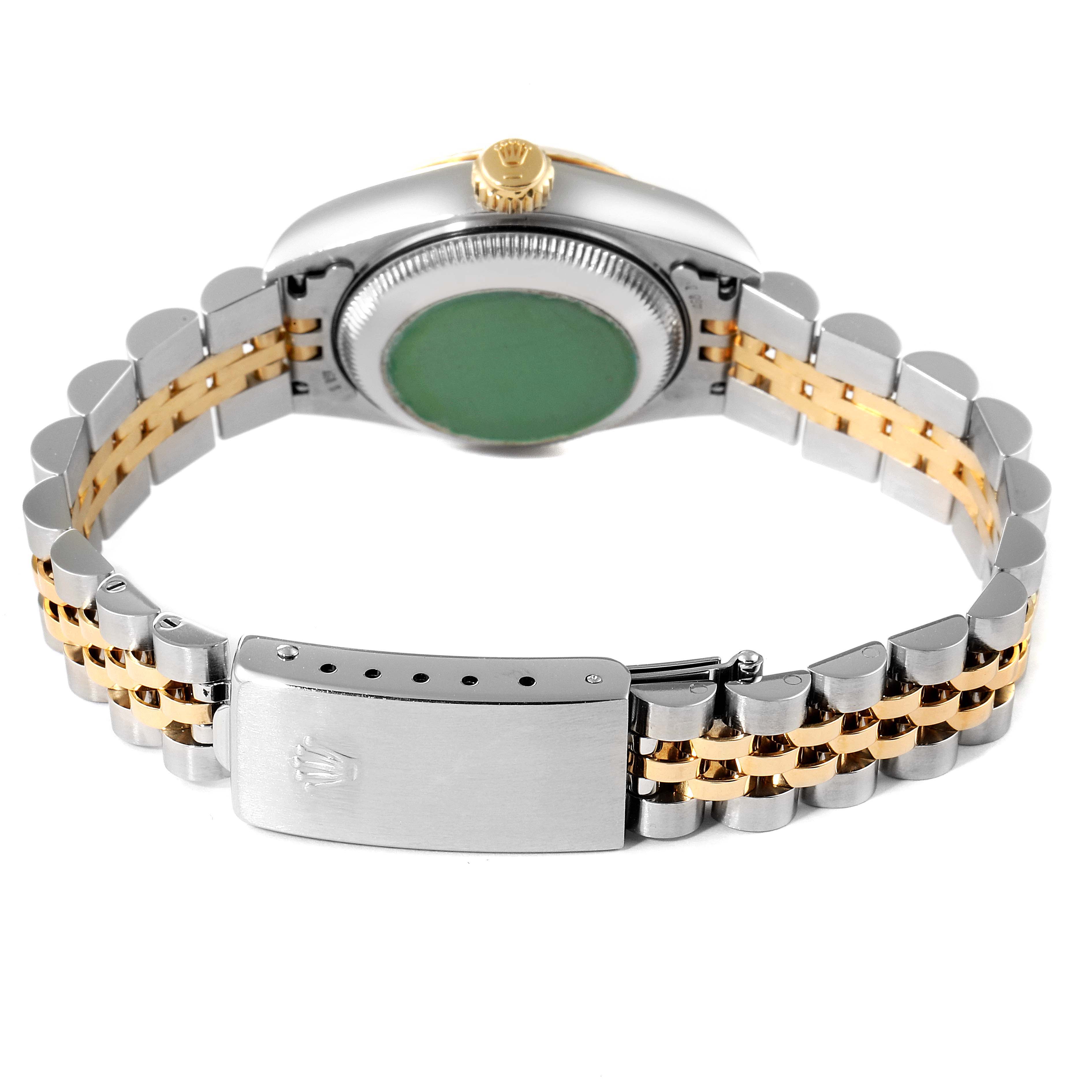 The image shows the back view of the Rolex Datejust 69173 Women's Steel and Gold (two tone) White Dial 69173 Women's Steel and Gold (two tone) White Dial watch, highlighting the bracelet and clasp.