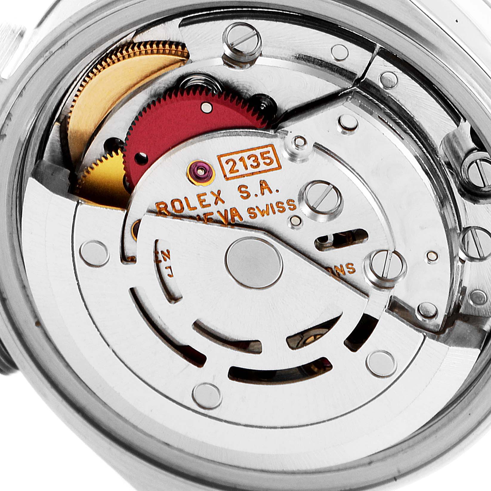 The image shows a close-up of the movement inside a Rolex Datejust 69173 Women's Steel and Gold (two tone) White Dial 69173 Women's Steel and Gold (two tone) White Dial watch, highlighting gears and inner mechanisms.