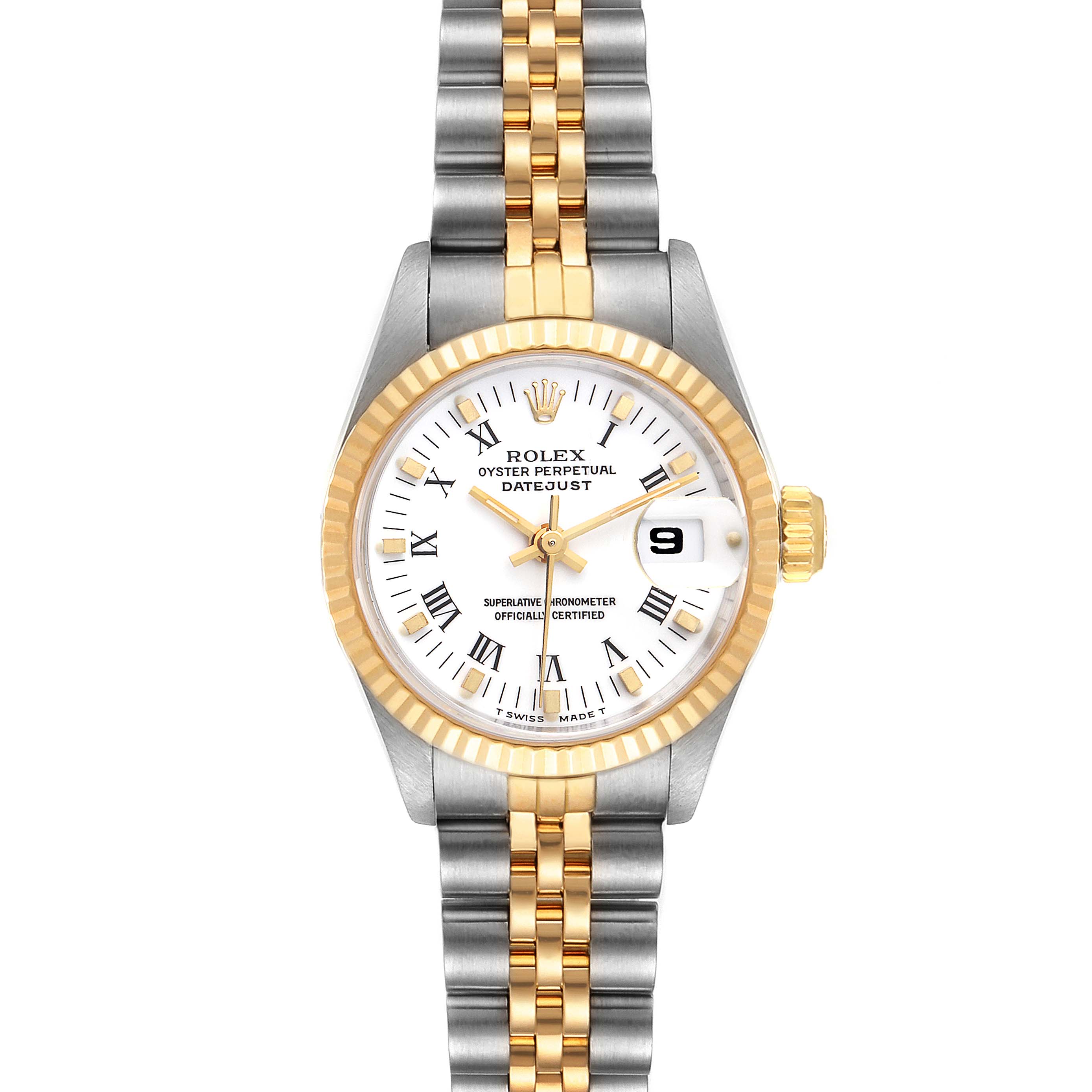 This image shows a Rolex Datejust 69173 Women's Steel and Gold (two tone) White Dial 69173 Women's Steel and Gold (two tone) White Dial watch from a front angle, featuring a two-tone bracelet and a white dial with a date display.