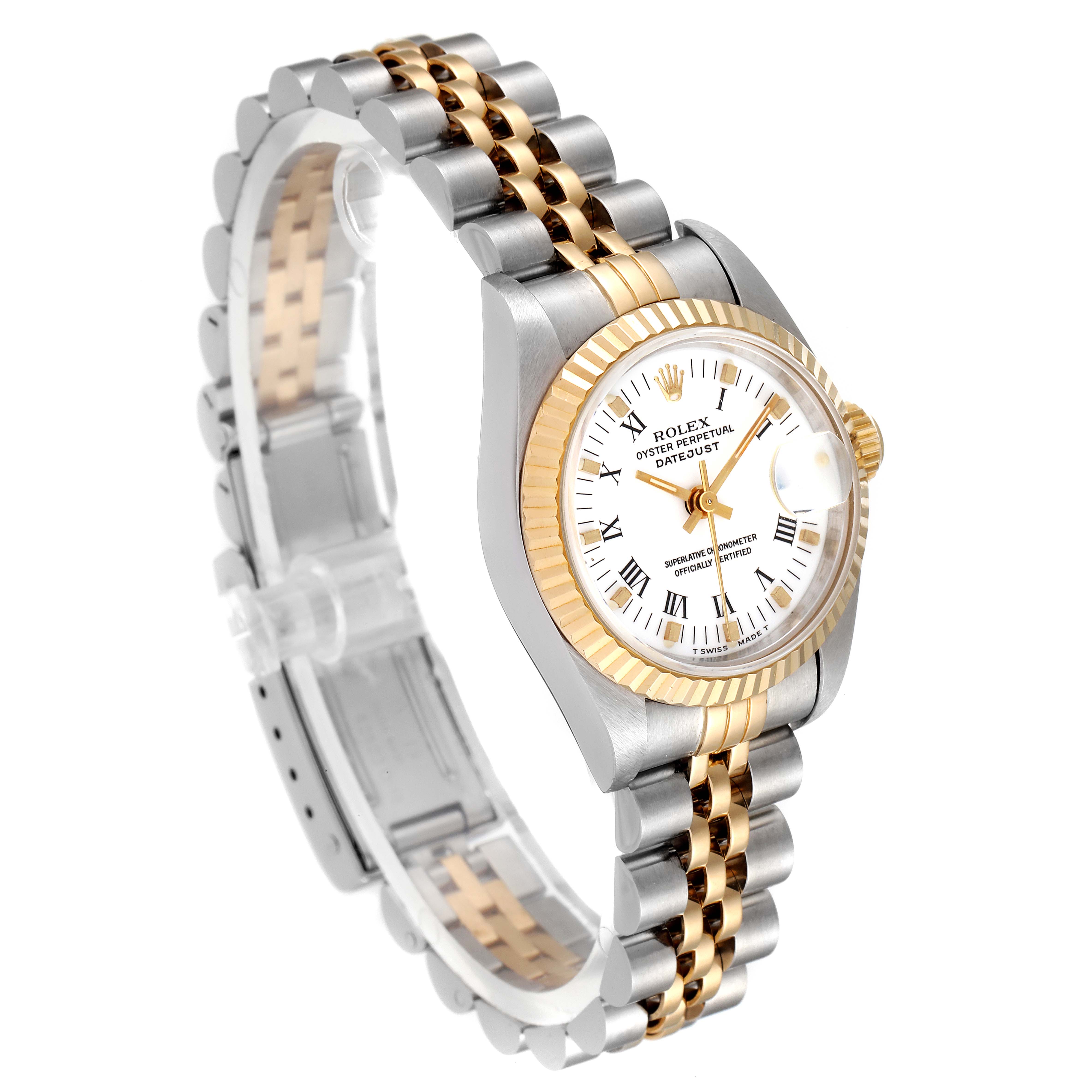 The image shows a side angle view of a Rolex Datejust 69173 Women's Steel and Gold (two tone) White Dial 69173 Women's Steel and Gold (two tone) White Dial watch, highlighting its two-tone bracelet and fluted bezel.