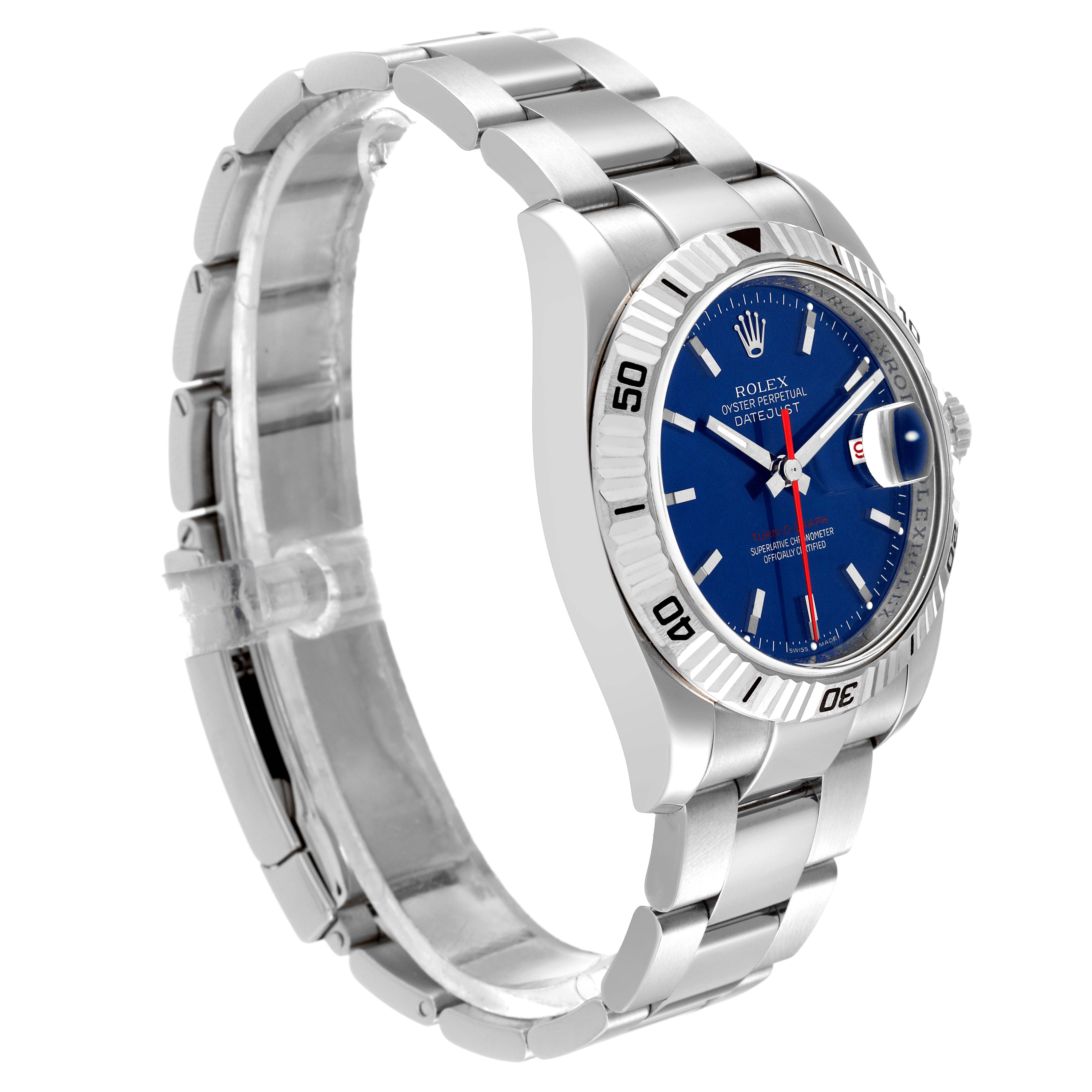 This image shows a side angle of the Rolex Turn-o-Graph 116264 Men's Stainless Steel Blue Dial 116264 Men's Stainless Steel Blue Dial watch, highlighting the bracelet, bezel, and dial.